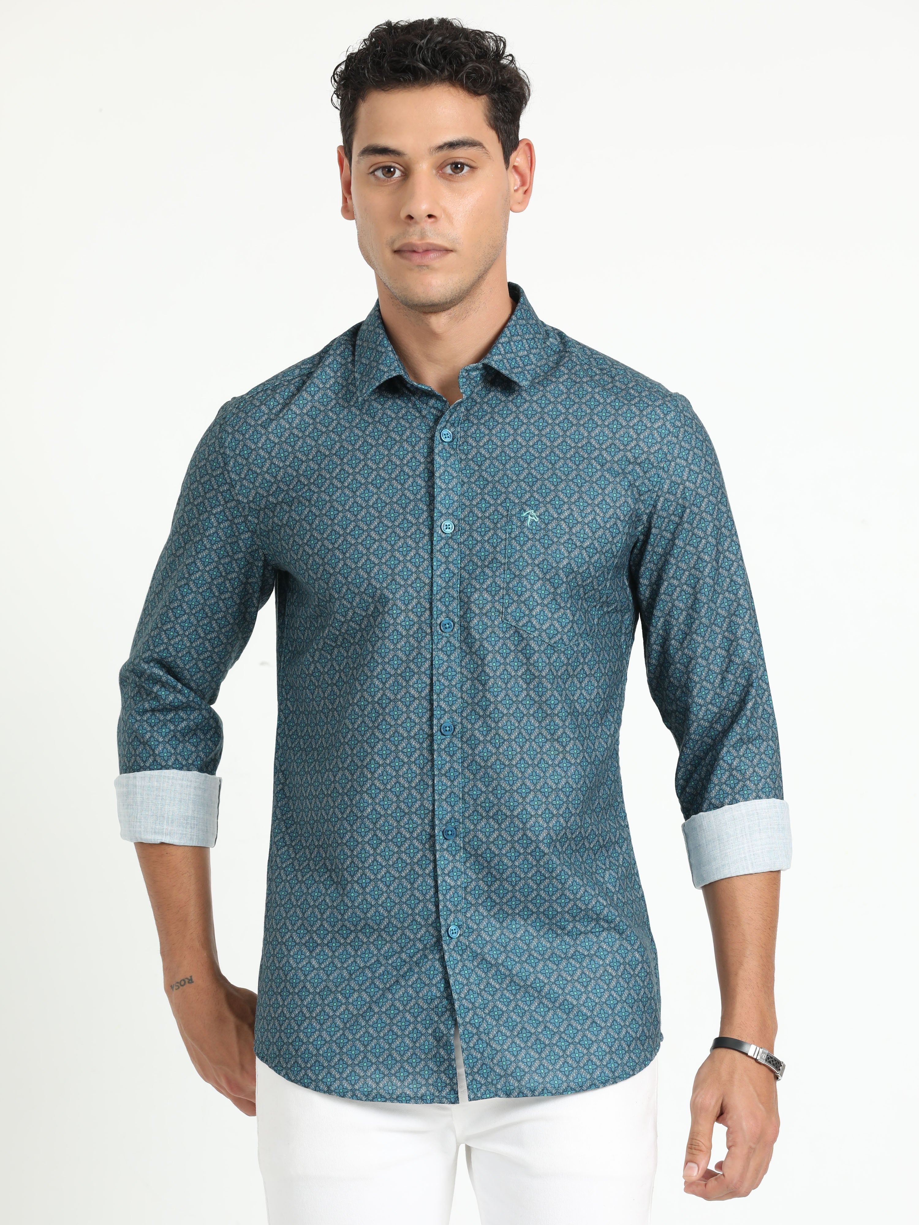 Cp Bro Men's Printed Teal Cotton Full Sleeve Woven Shirt | SBO2-93 A-FS-PRT-BSL