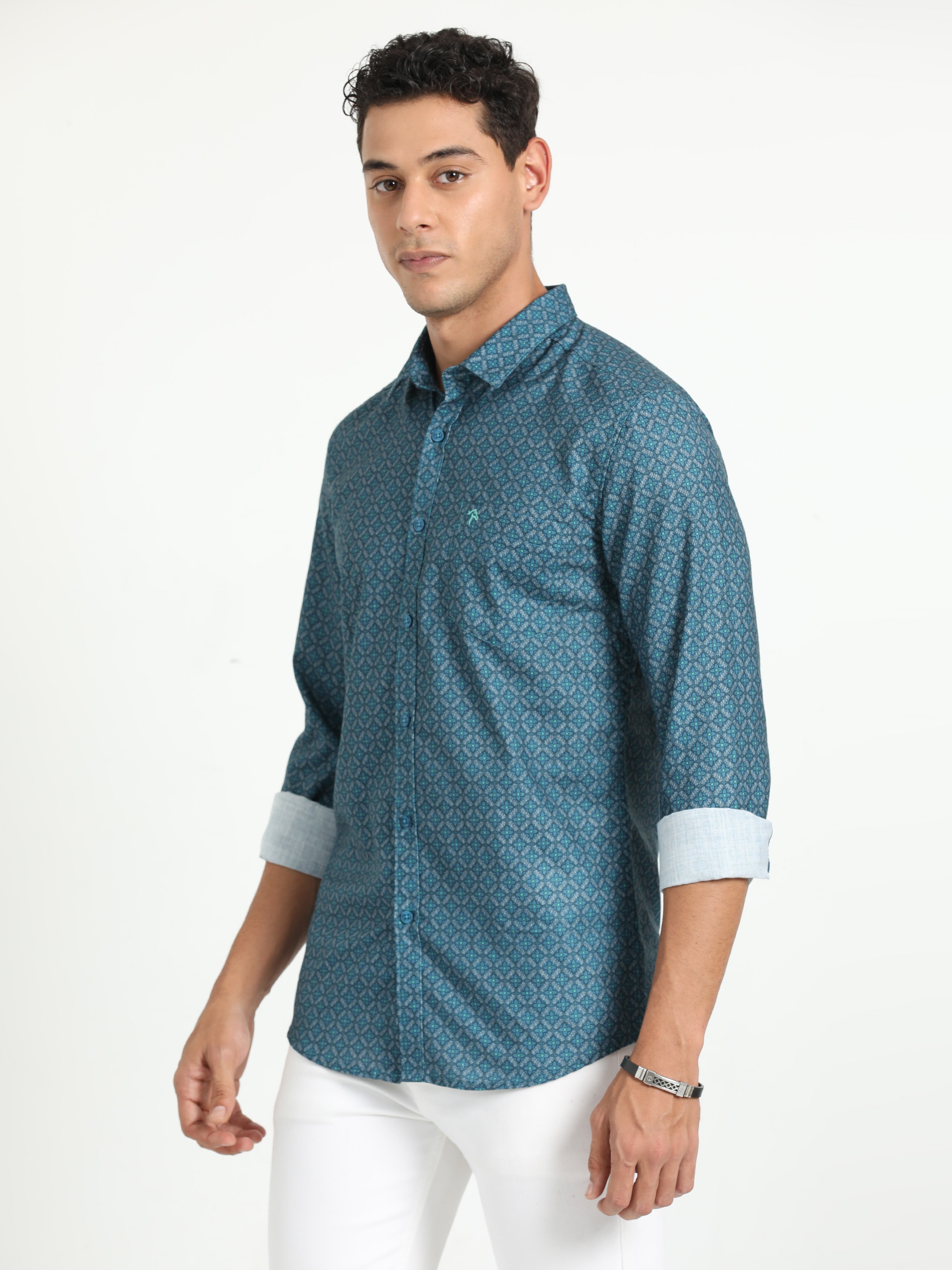 Cp Bro Men's Printed Teal Cotton Full Sleeve Woven Shirt | SBO2-93 A-FS-PRT-BSL