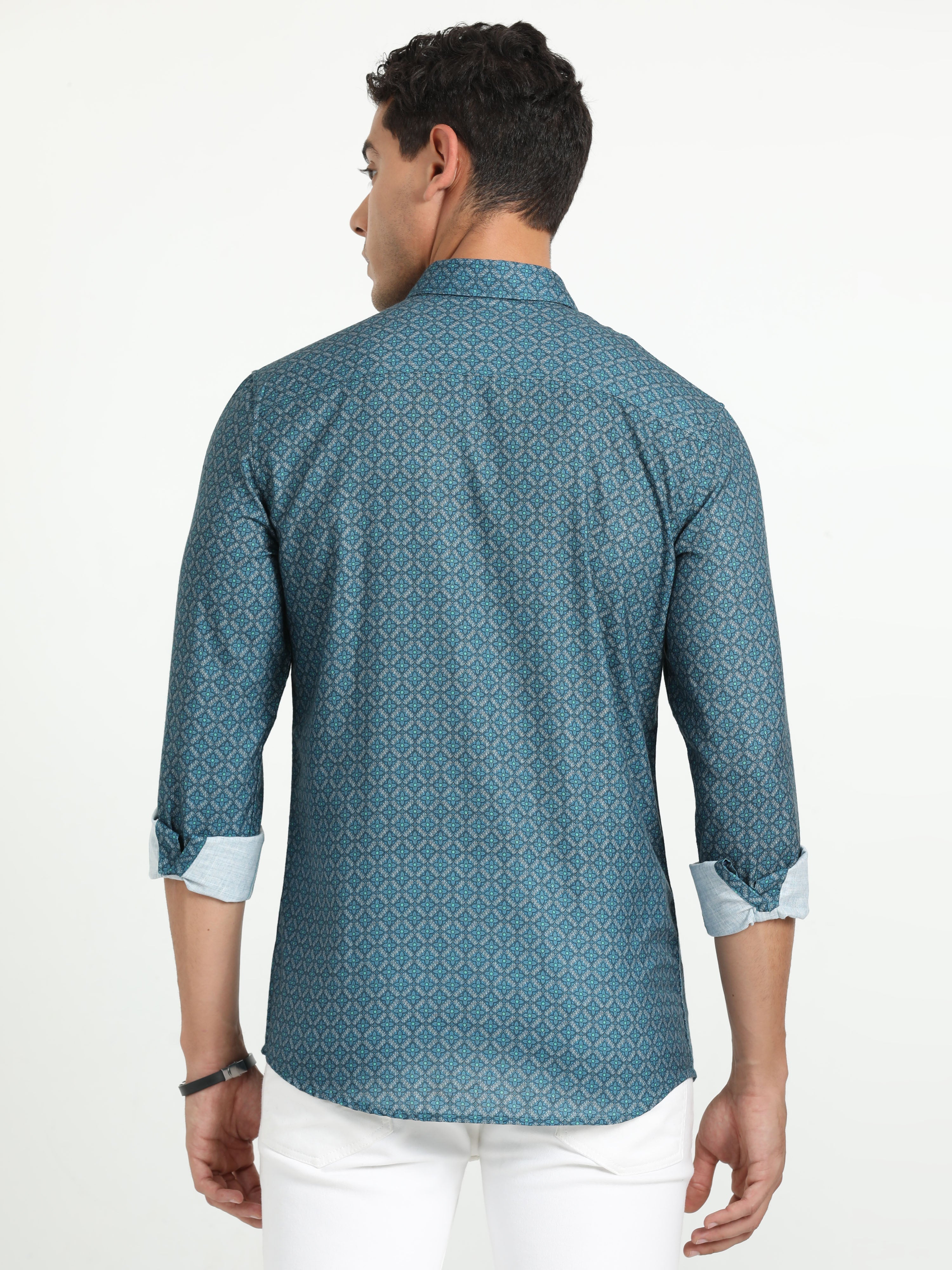 Cp Bro Men's Printed Teal Cotton Full Sleeve Woven Shirt | SBO2-93 A-FS-PRT-BSL