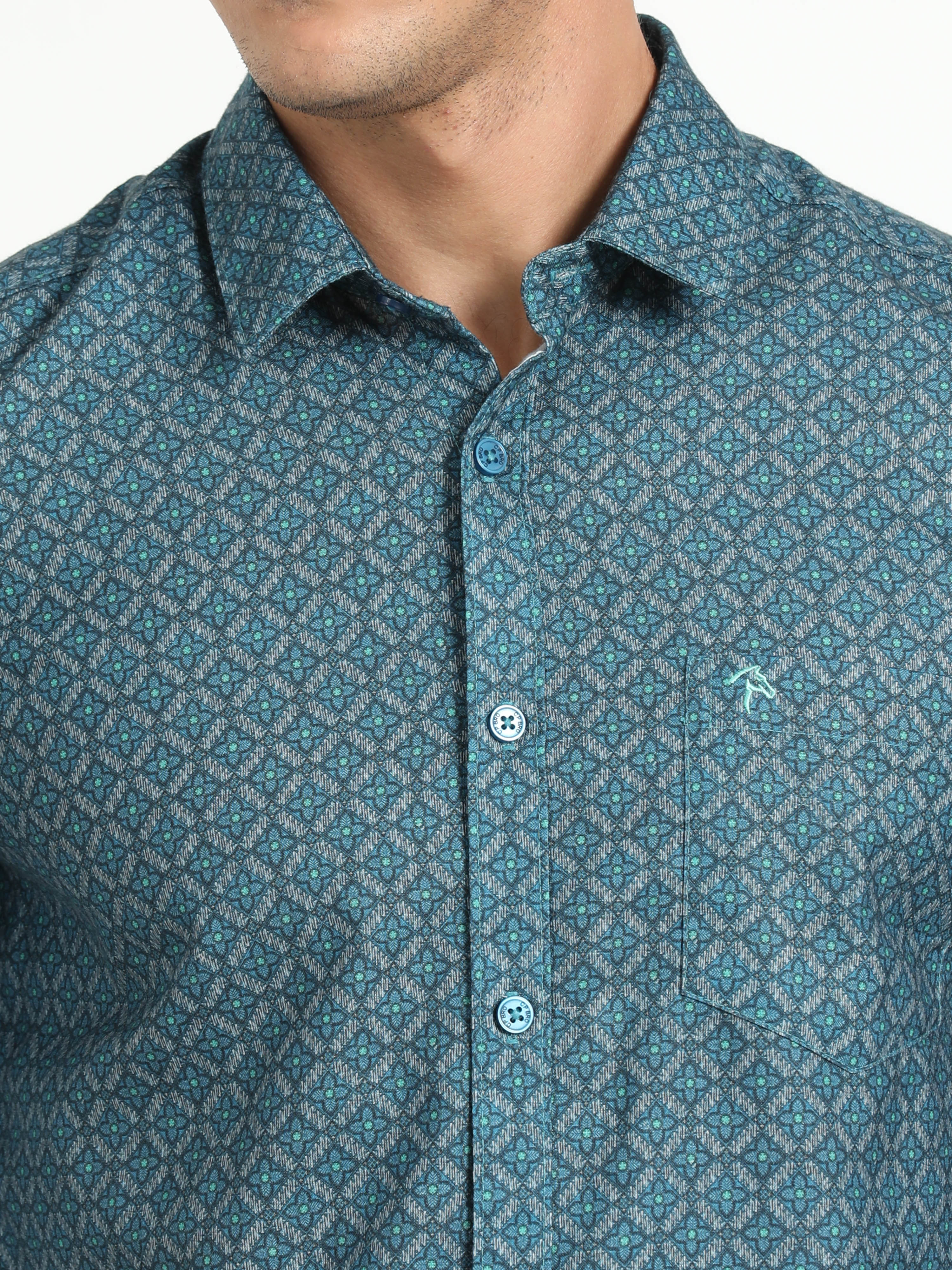 Cp Bro Men's Printed Teal Cotton Full Sleeve Woven Shirt | SBO2-93 A-FS-PRT-BSL