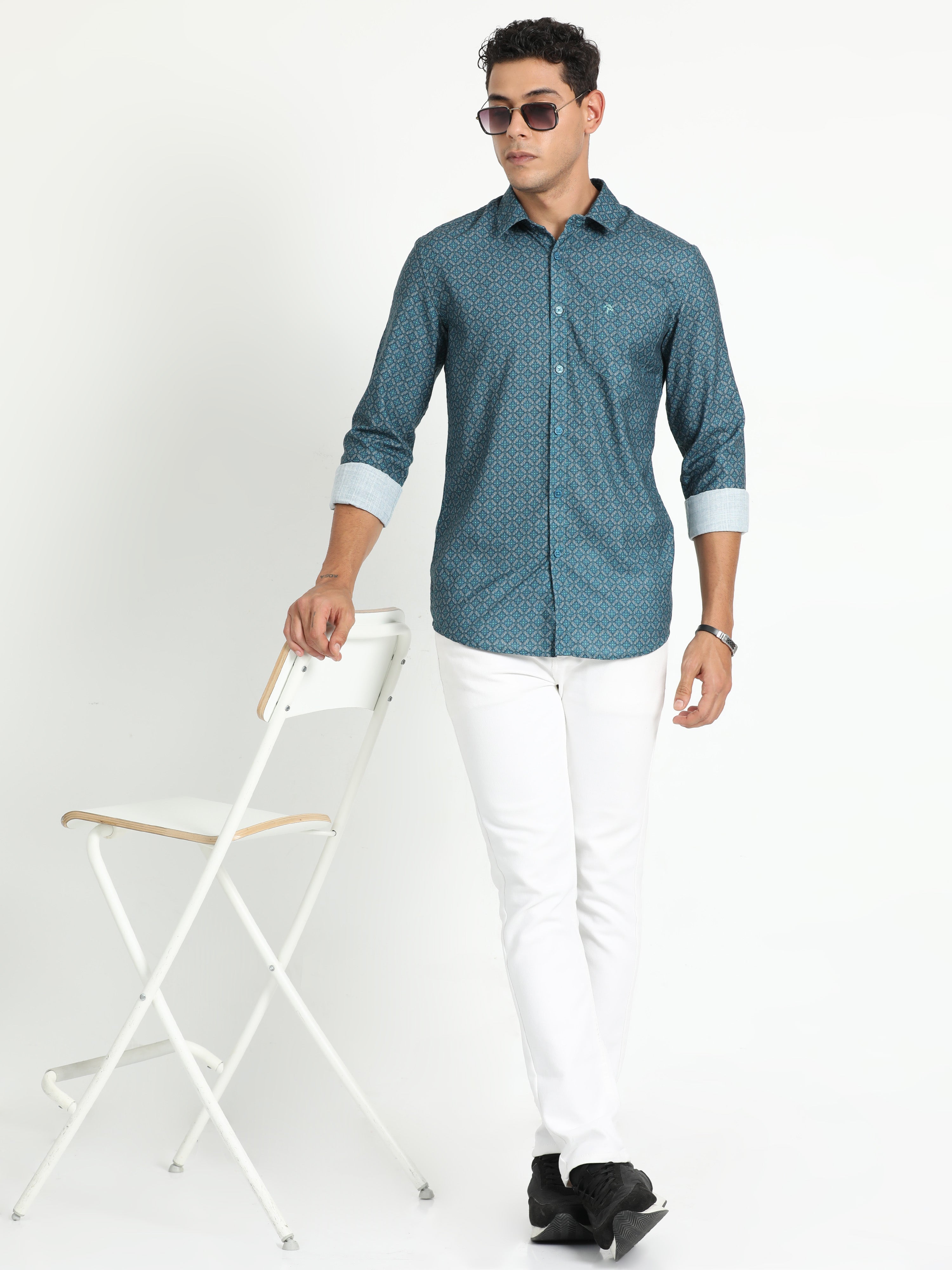 Cp Bro Men's Printed Teal Cotton Full Sleeve Woven Shirt | SBO2-93 A-FS-PRT-BSL