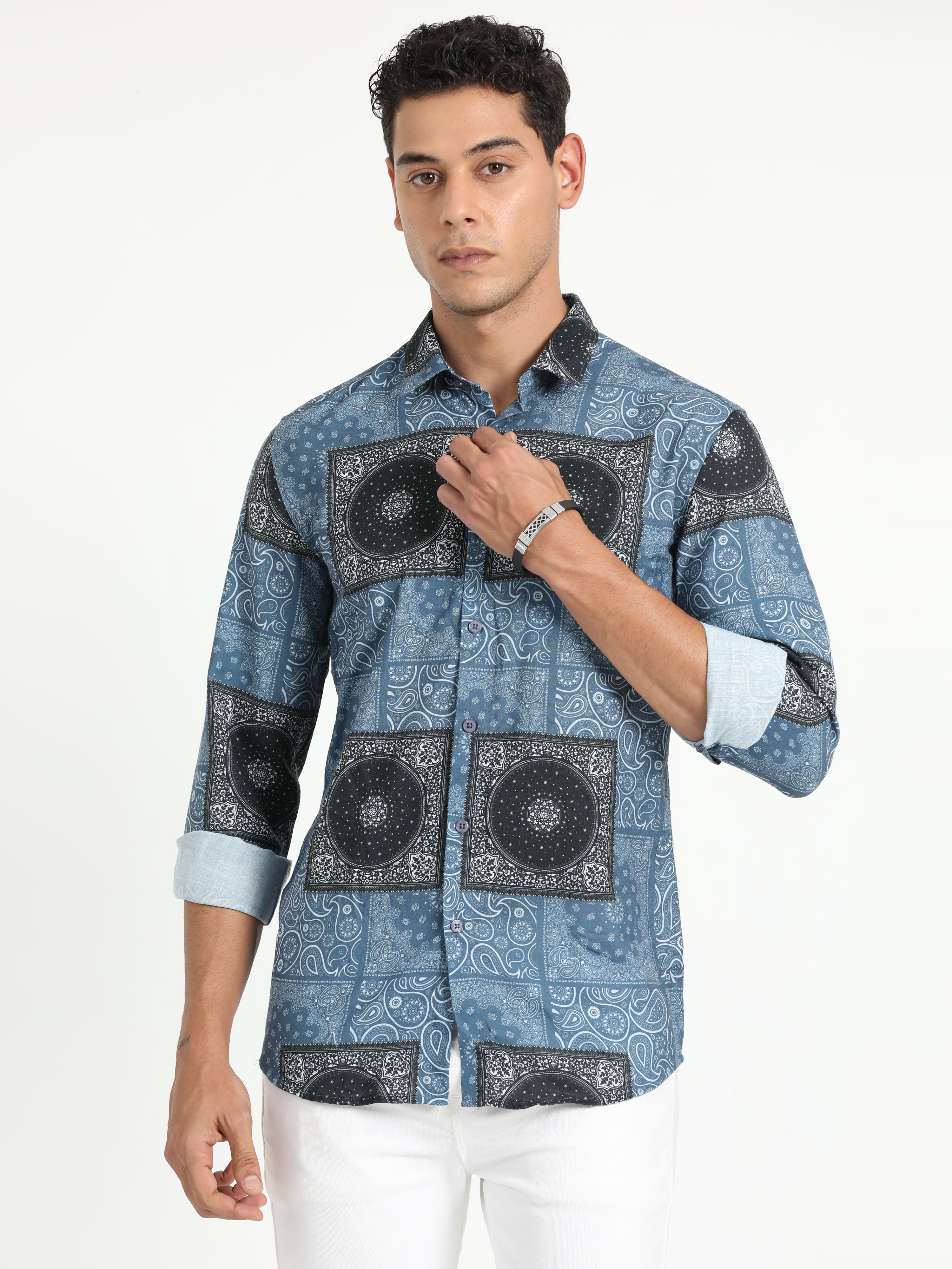 Cp Bro Men's Printed Blue Cotton Full Sleeve Woven Shirt | SBO2-68 B-FS-PRT-BSL