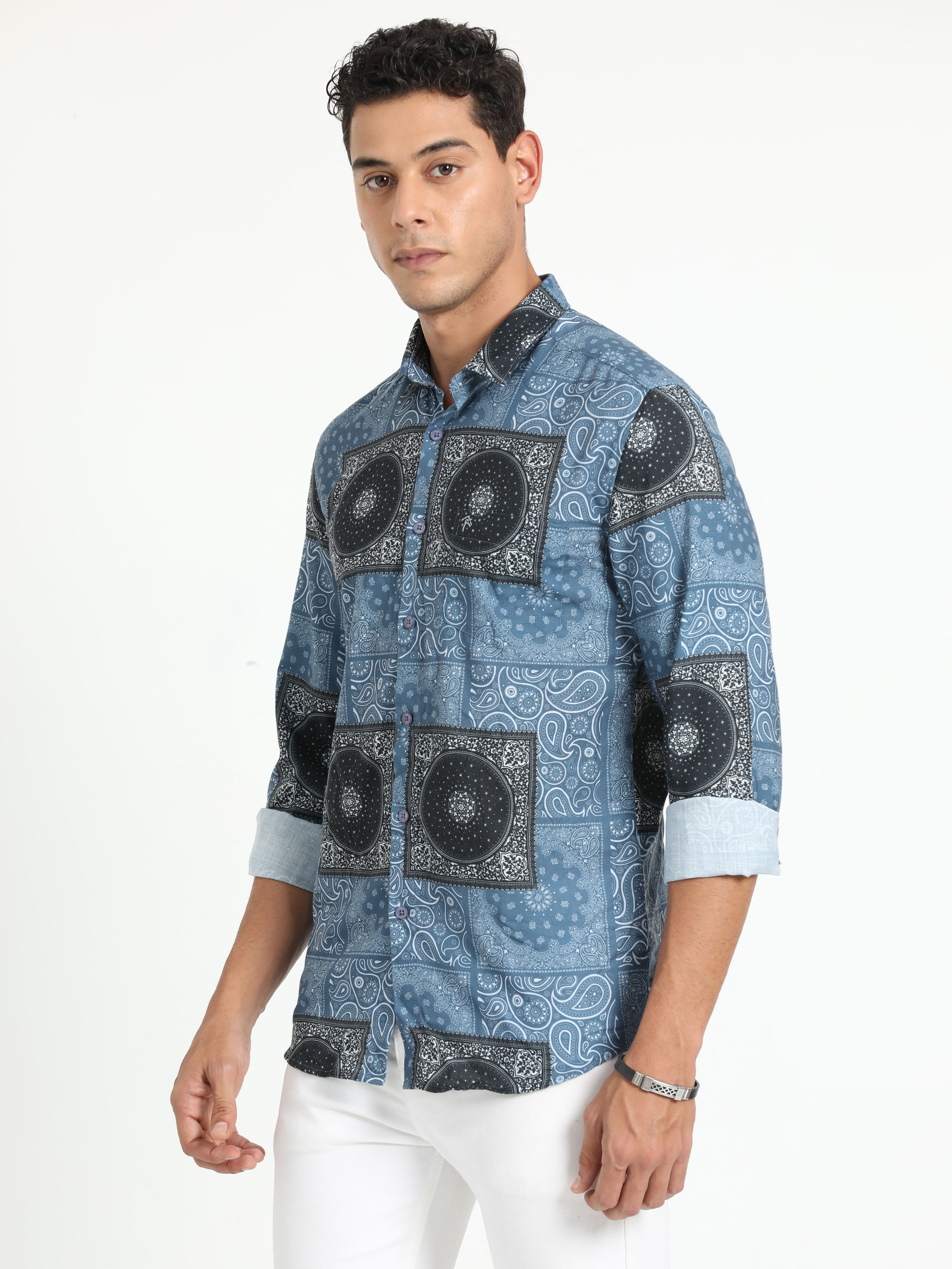 Cp Bro Men's Printed Blue Cotton Full Sleeve Woven Shirt | SBO2-68 B-FS-PRT-BSL