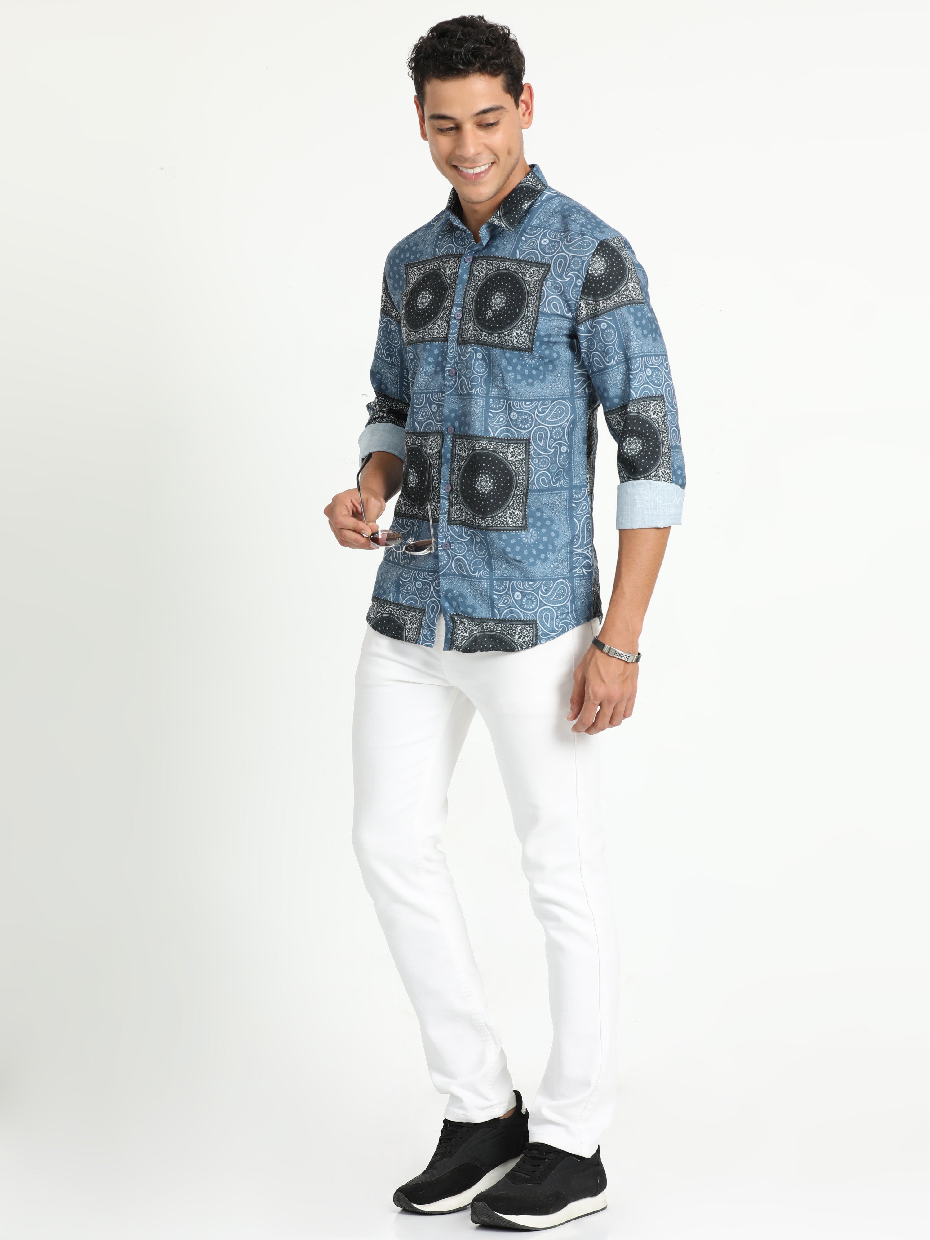 Cp Bro Men's Printed Blue Cotton Full Sleeve Woven Shirt | SBO2-68 B-FS-PRT-BSL