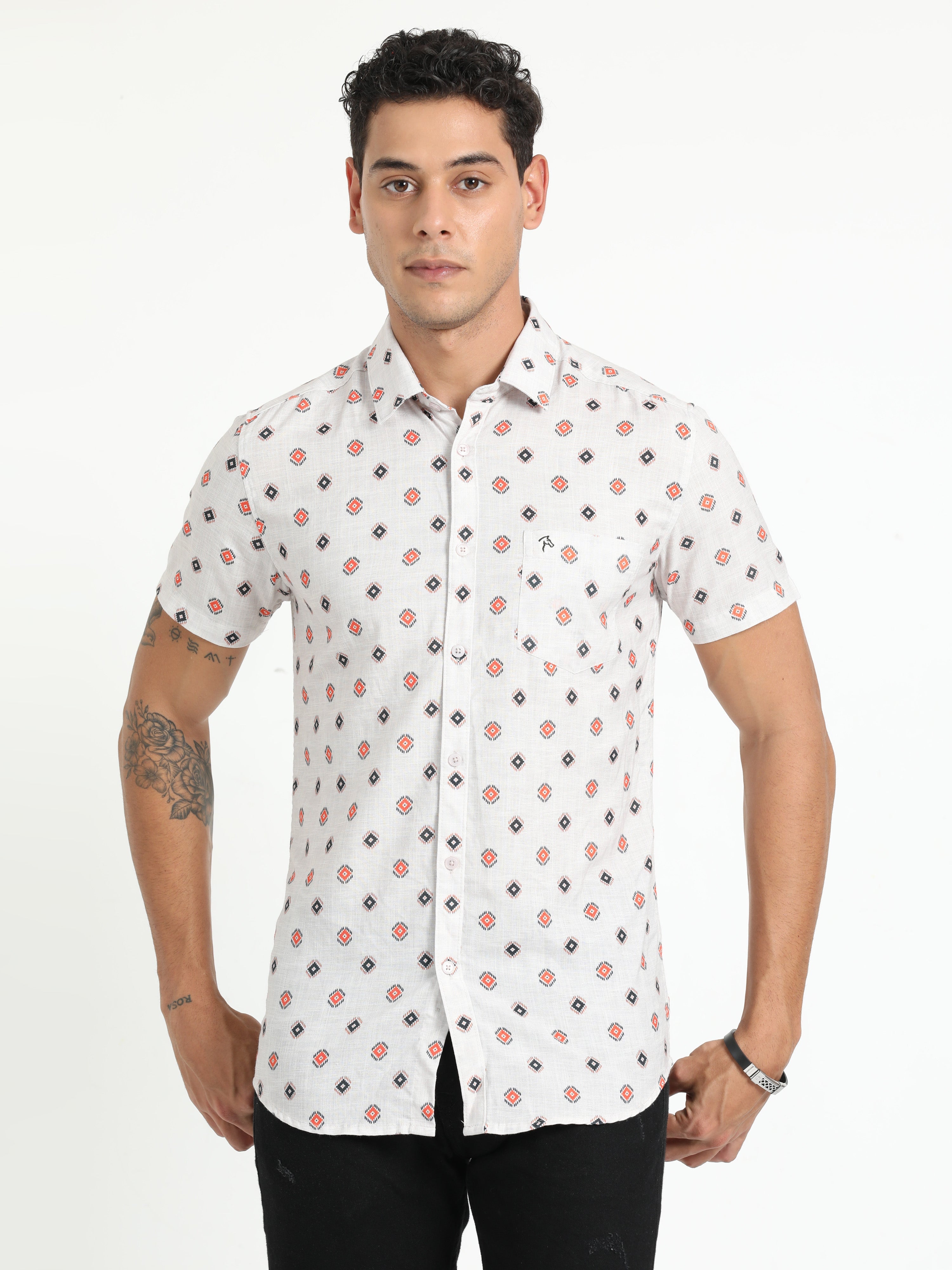 Cp Bro Men's Printed White Cotton Half Sleeve Woven Shirt | SBO2-95 A-HS-PRT-BSL