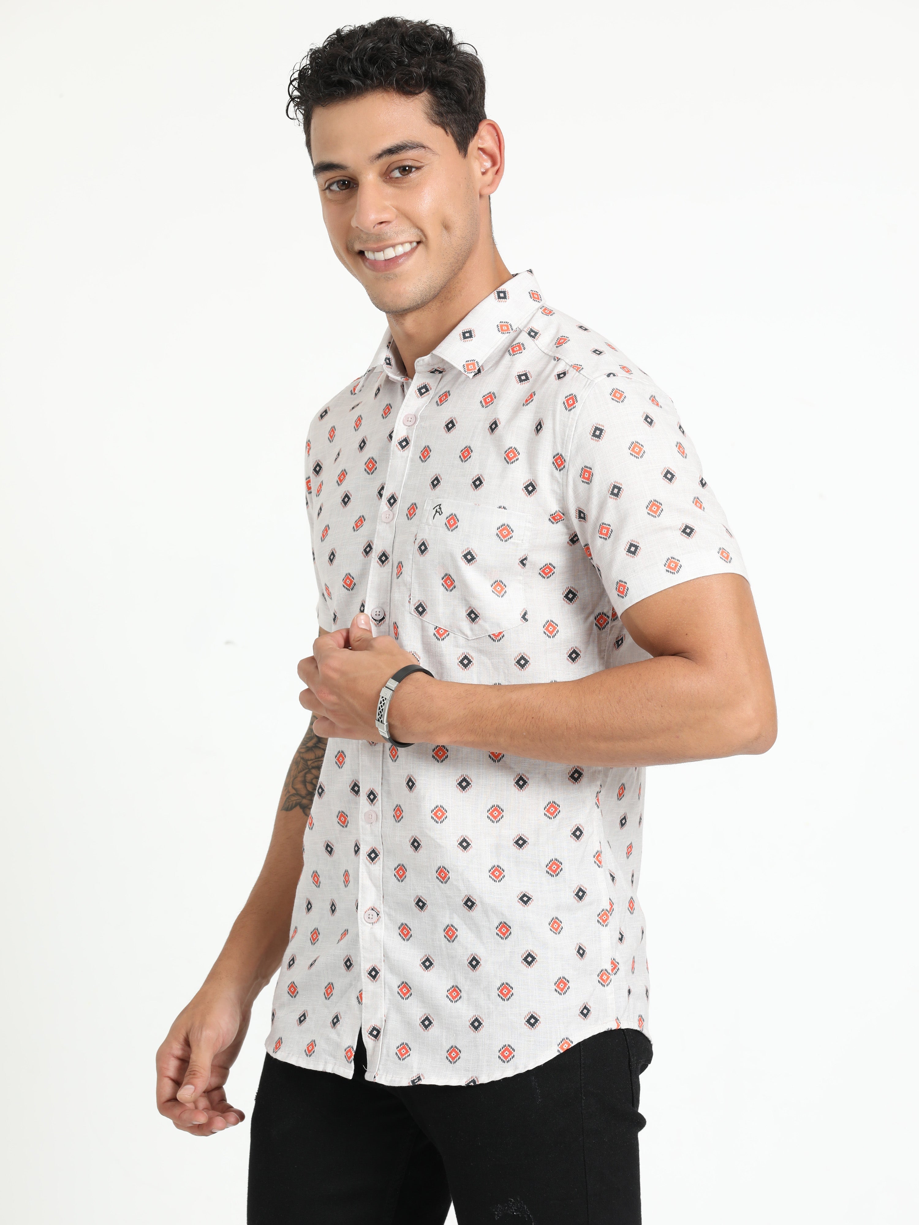 Cp Bro Men's Printed White Cotton Half Sleeve Woven Shirt | SBO2-95 A-HS-PRT-BSL