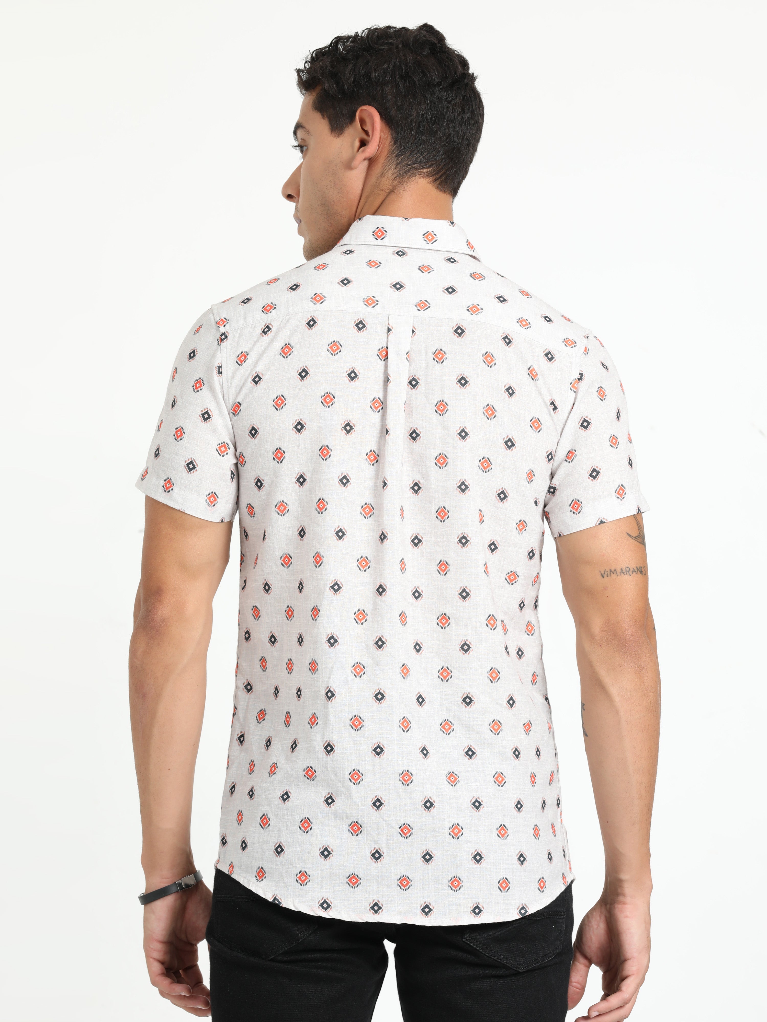 Cp Bro Men's Printed White Cotton Half Sleeve Woven Shirt | SBO2-95 A-HS-PRT-BSL