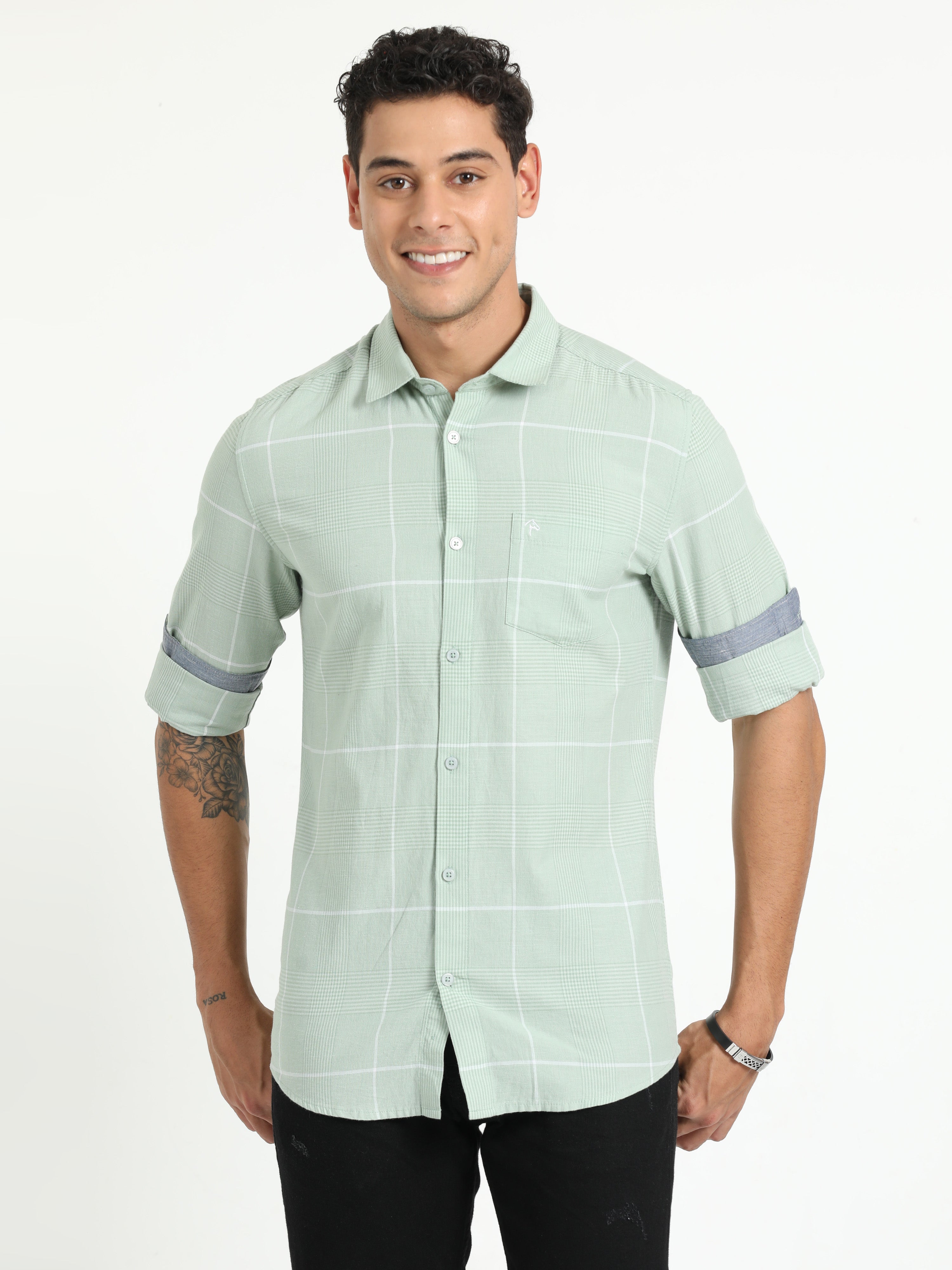 Cp Bro Men's Checked Light Green Cotton Full Sleeve Woven Shirt | SBO2-64 A-FS-CHK-BSL