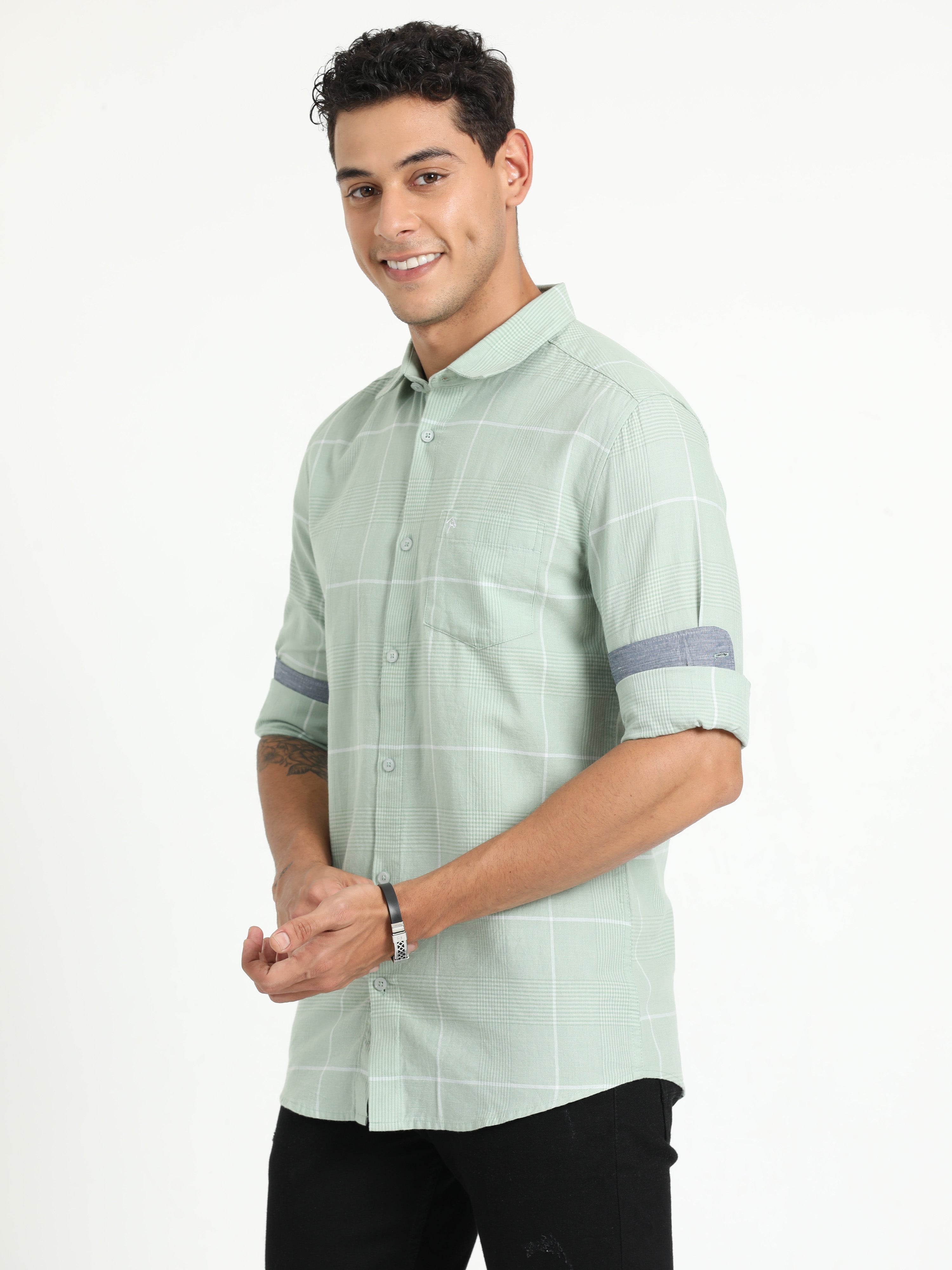 Cp Bro Men's Checked Light Green Cotton Full Sleeve Woven Shirt | SBO2-64 A-FS-CHK-BSL