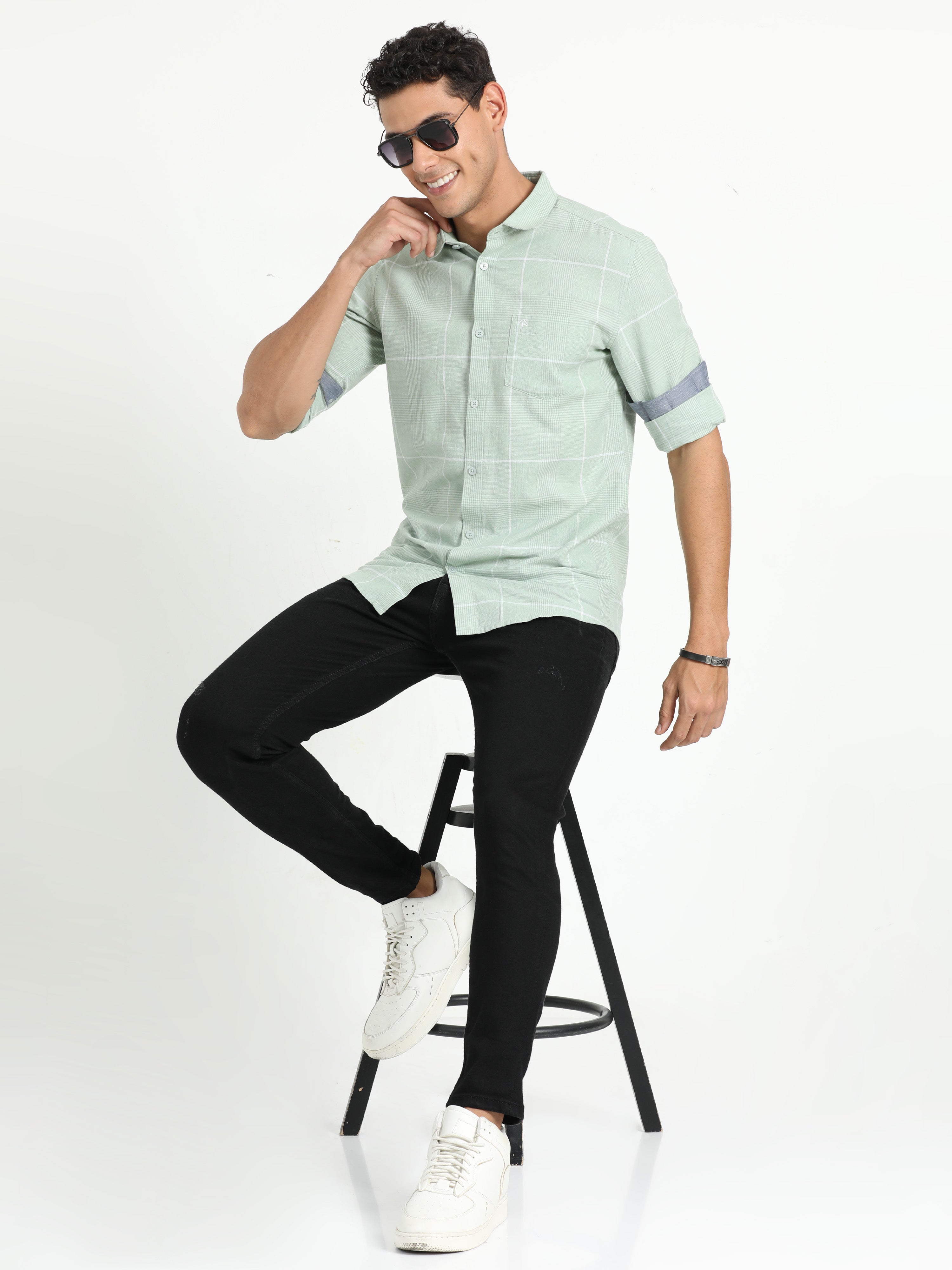 Cp Bro Men's Checked Light Green Cotton Full Sleeve Woven Shirt | SBO2-64 A-FS-CHK-BSL