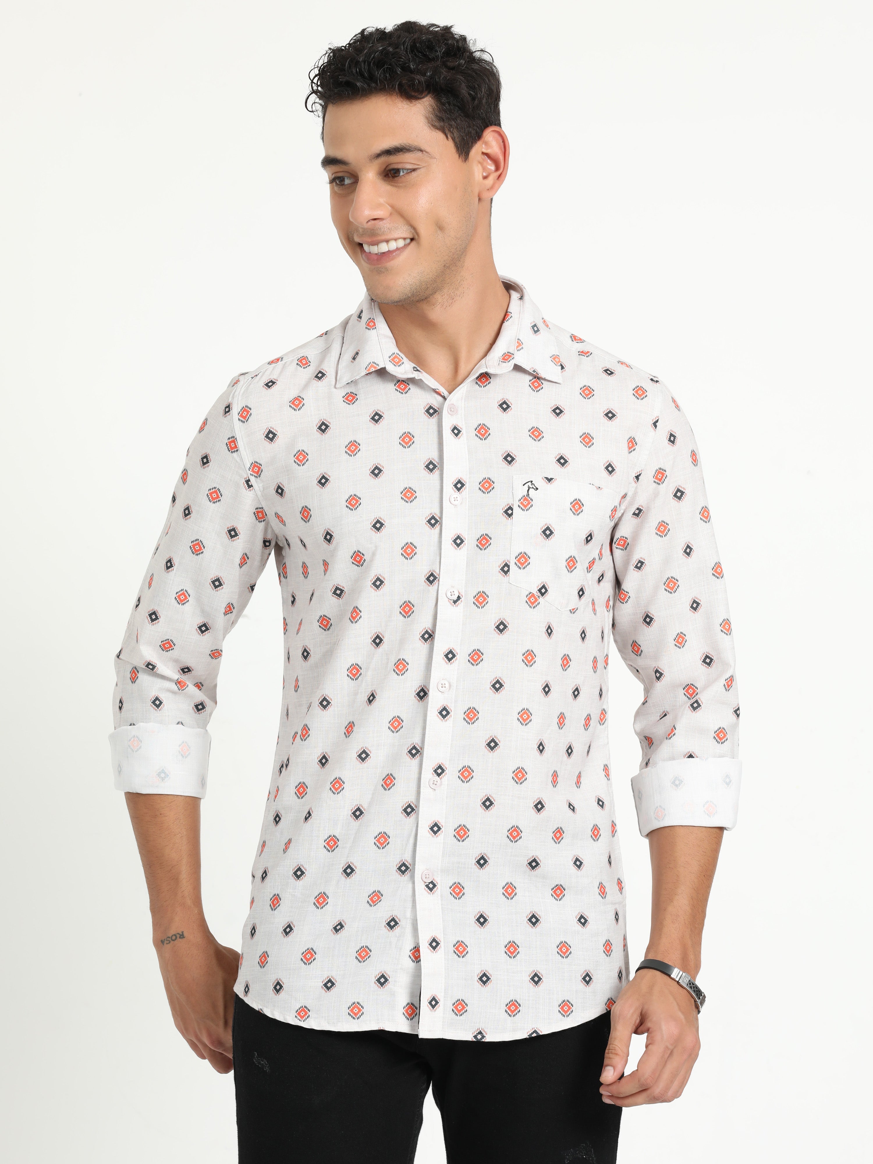 Cp Bro Men's Printed White Cotton Full Sleeve Woven Shirt | SBO2-95 A-FS-PRT-BSL