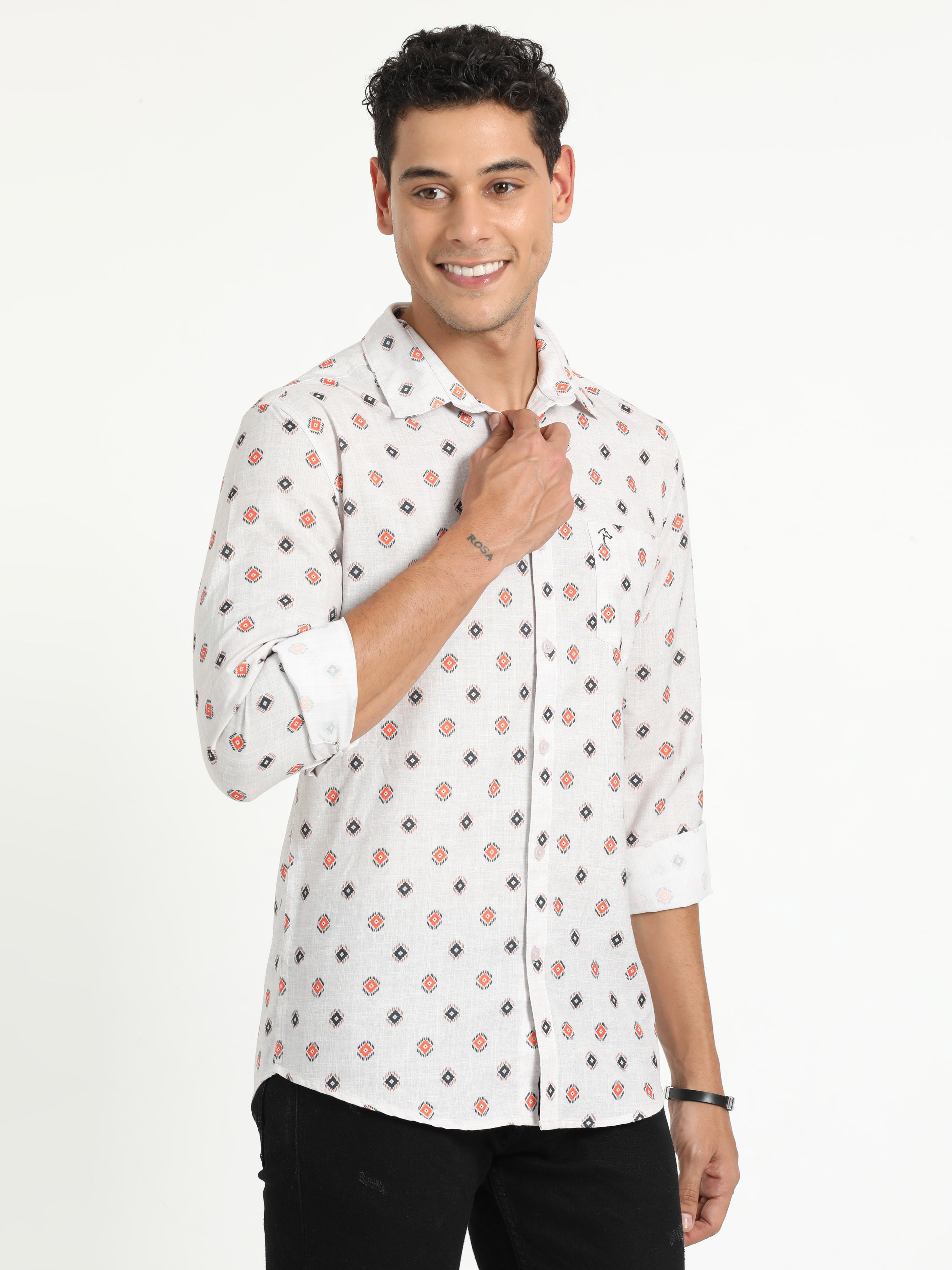 Cp Bro Men's Printed White Cotton Full Sleeve Woven Shirt | SBO2-95 A-FS-PRT-BSL