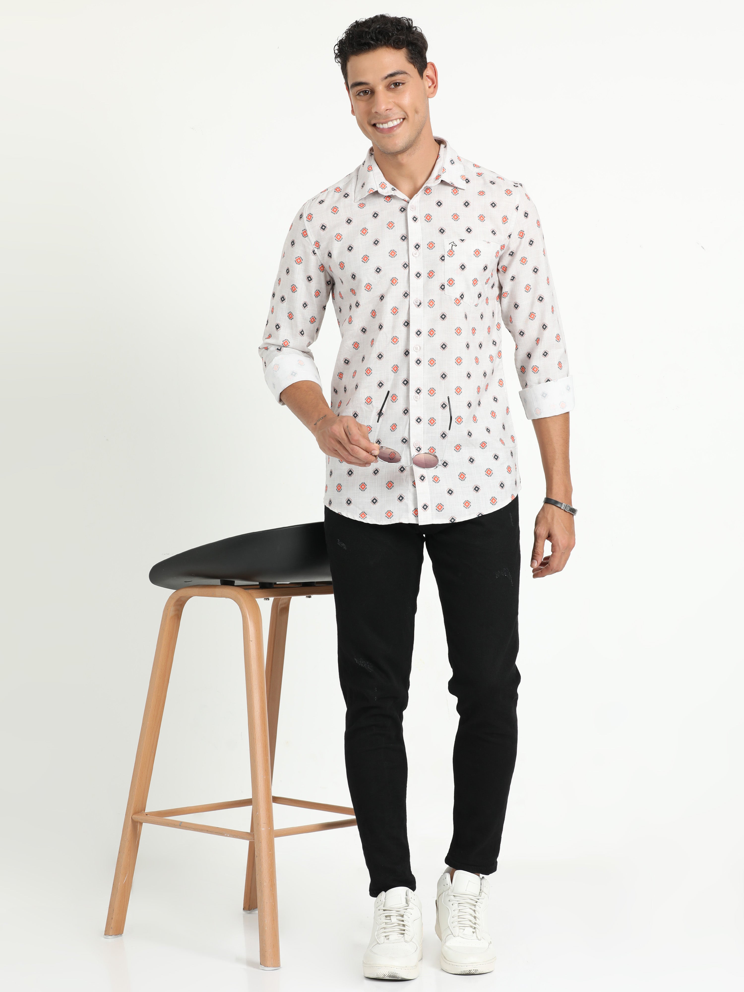 Cp Bro Men's Printed White Cotton Full Sleeve Woven Shirt | SBO2-95 A-FS-PRT-BSL