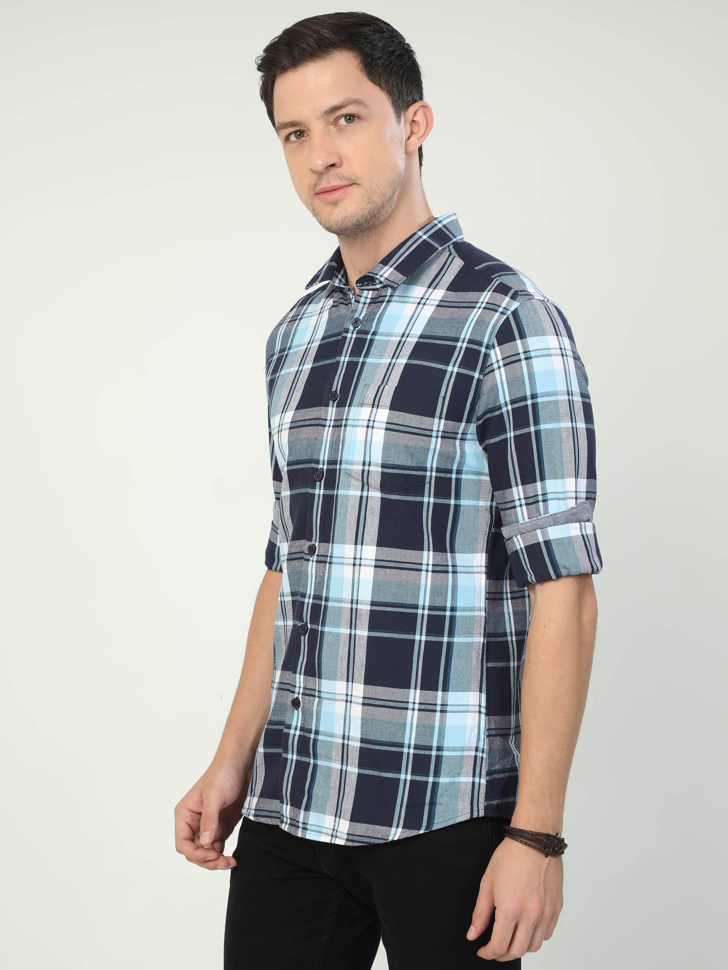 Classic Polo Men's Polo Neck Full Sleeve Slim Fit Cotton Woven Shirt | SBO2-08 B-FS-CHK-BSL