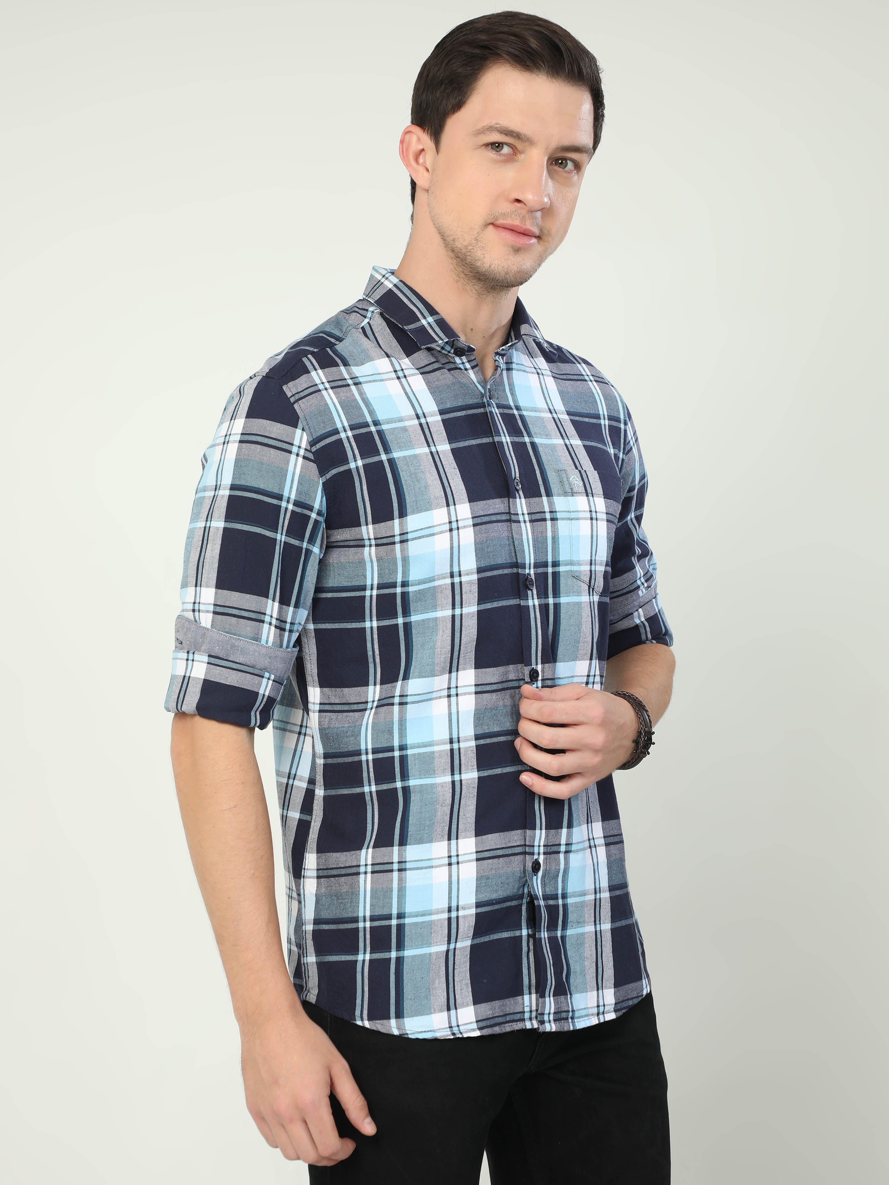Classic Polo Men's Polo Neck Full Sleeve Slim Fit Cotton Woven Shirt | SBO2-08 B-FS-CHK-BSL