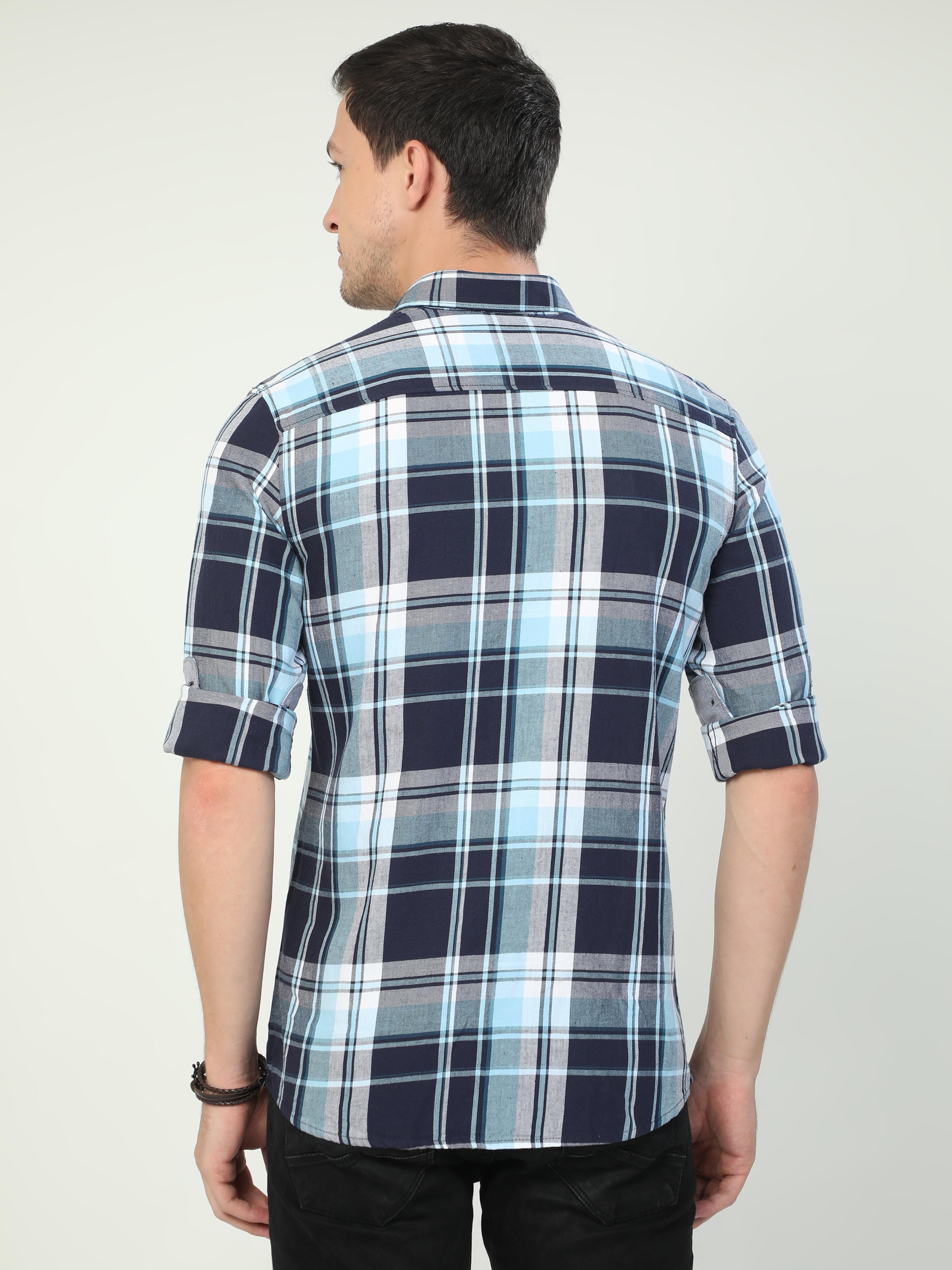 Classic Polo Men's Polo Neck Full Sleeve Slim Fit Cotton Woven Shirt | SBO2-08 B-FS-CHK-BSL