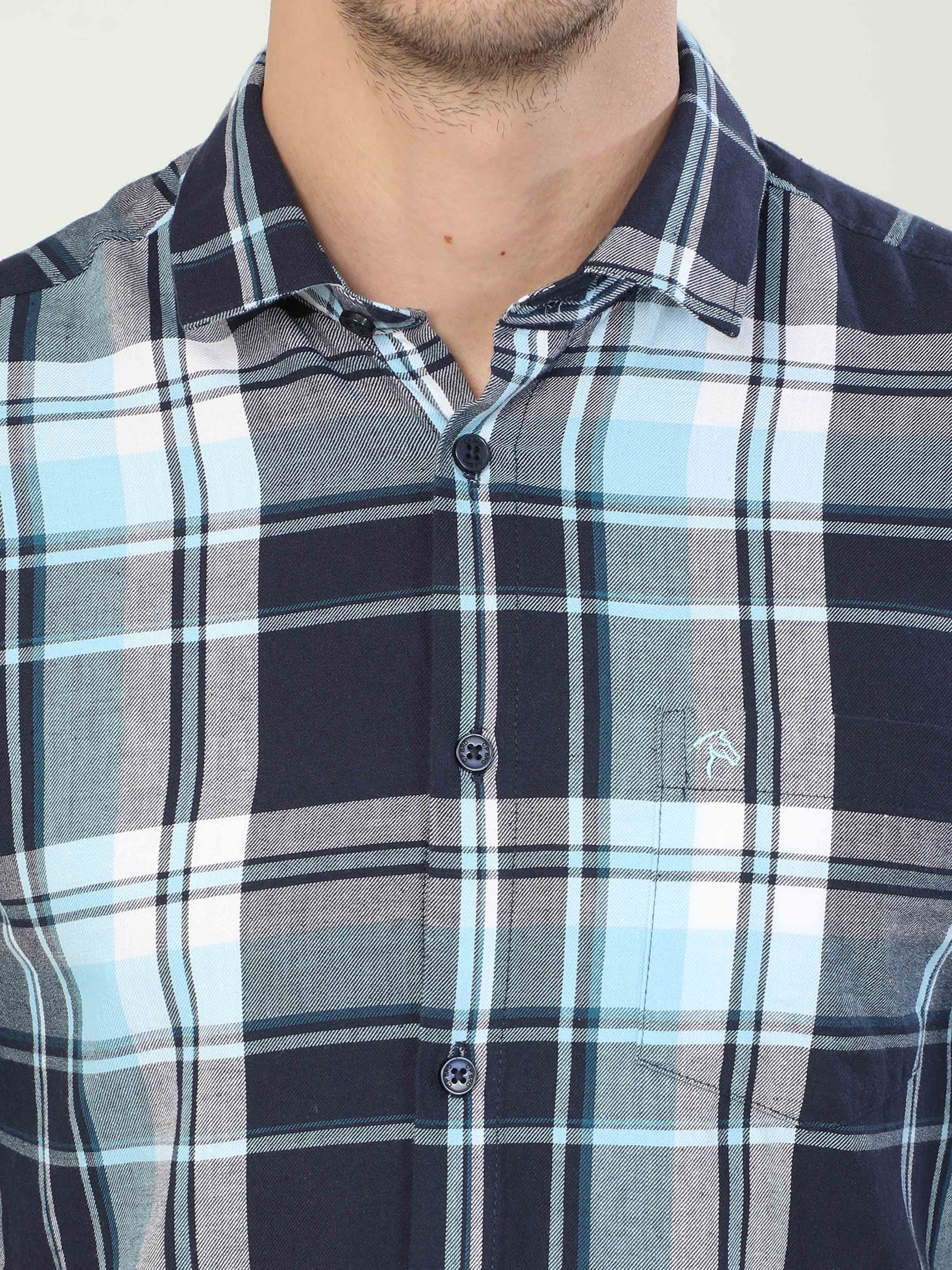 Classic Polo Men's Polo Neck Full Sleeve Slim Fit Cotton Woven Shirt | SBO2-08 B-FS-CHK-BSL