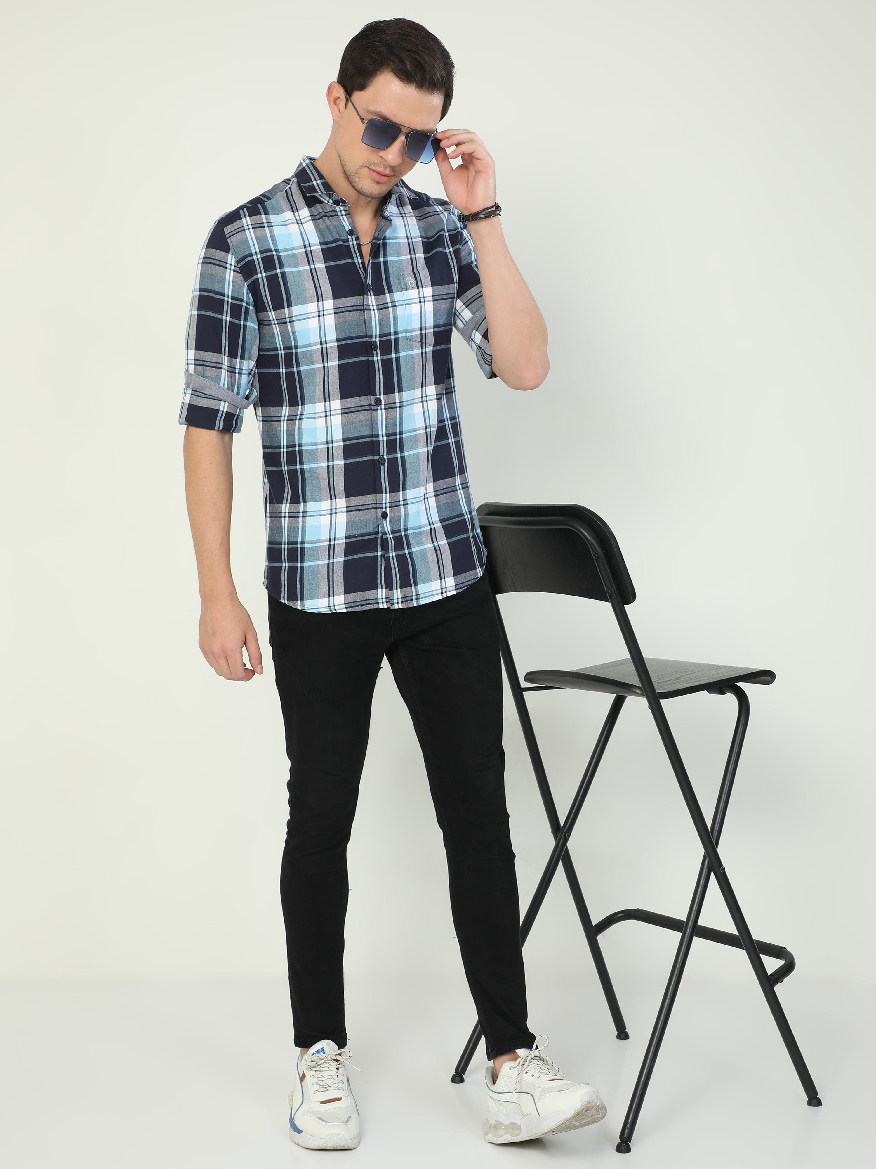 Classic Polo Men's Polo Neck Full Sleeve Slim Fit Cotton Woven Shirt | SBO2-08 B-FS-CHK-BSL
