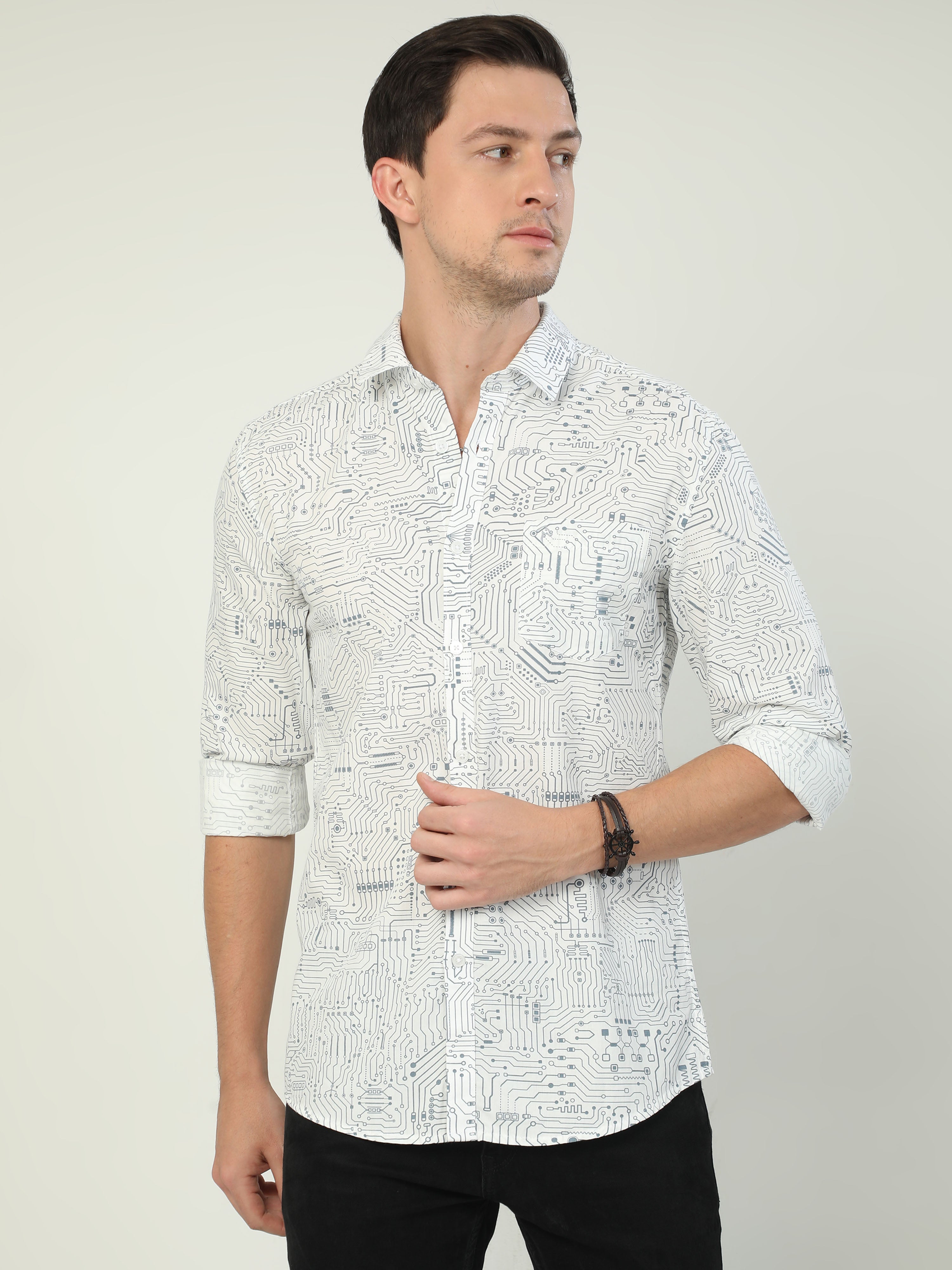 Classic Polo Men's Polo Neck Full Sleeve Slim Fit Cotton Woven Shirt | SBO2-100 A-FS-PRT-BSL