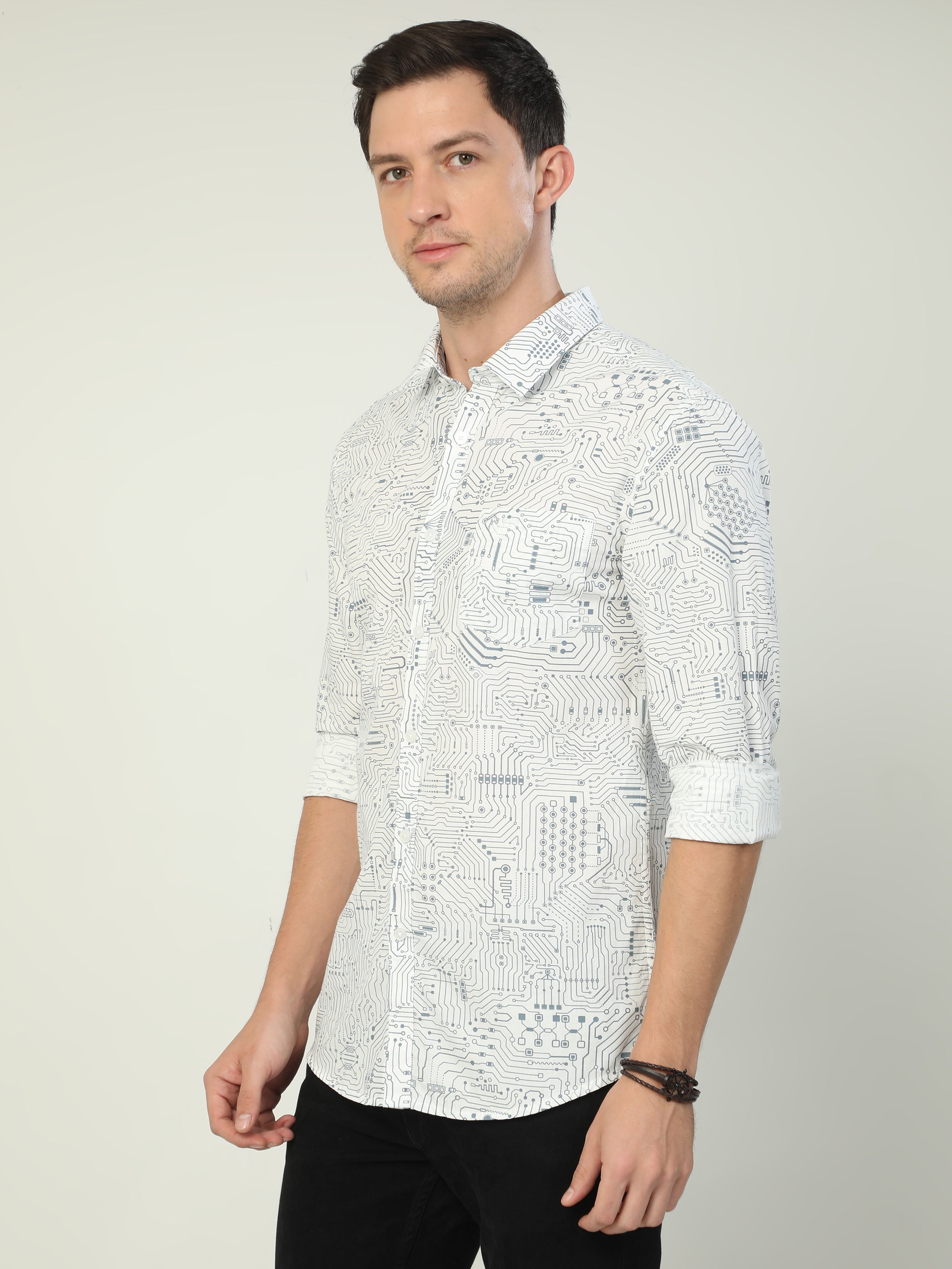 Classic Polo Men's Polo Neck Full Sleeve Slim Fit Cotton Woven Shirt | SBO2-100 A-FS-PRT-BSL