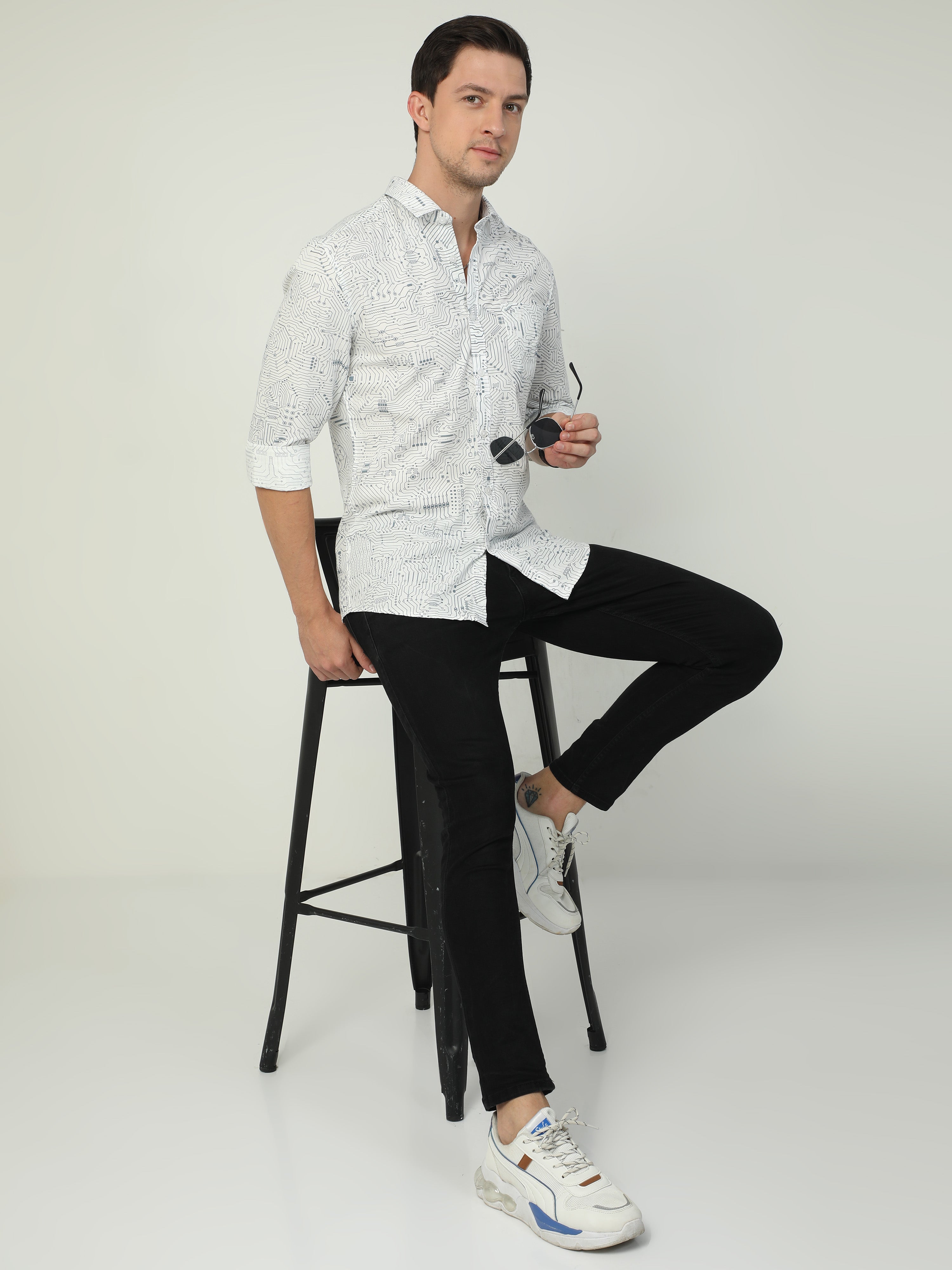 Classic Polo Men's Polo Neck Full Sleeve Slim Fit Cotton Woven Shirt | SBO2-100 A-FS-PRT-BSL