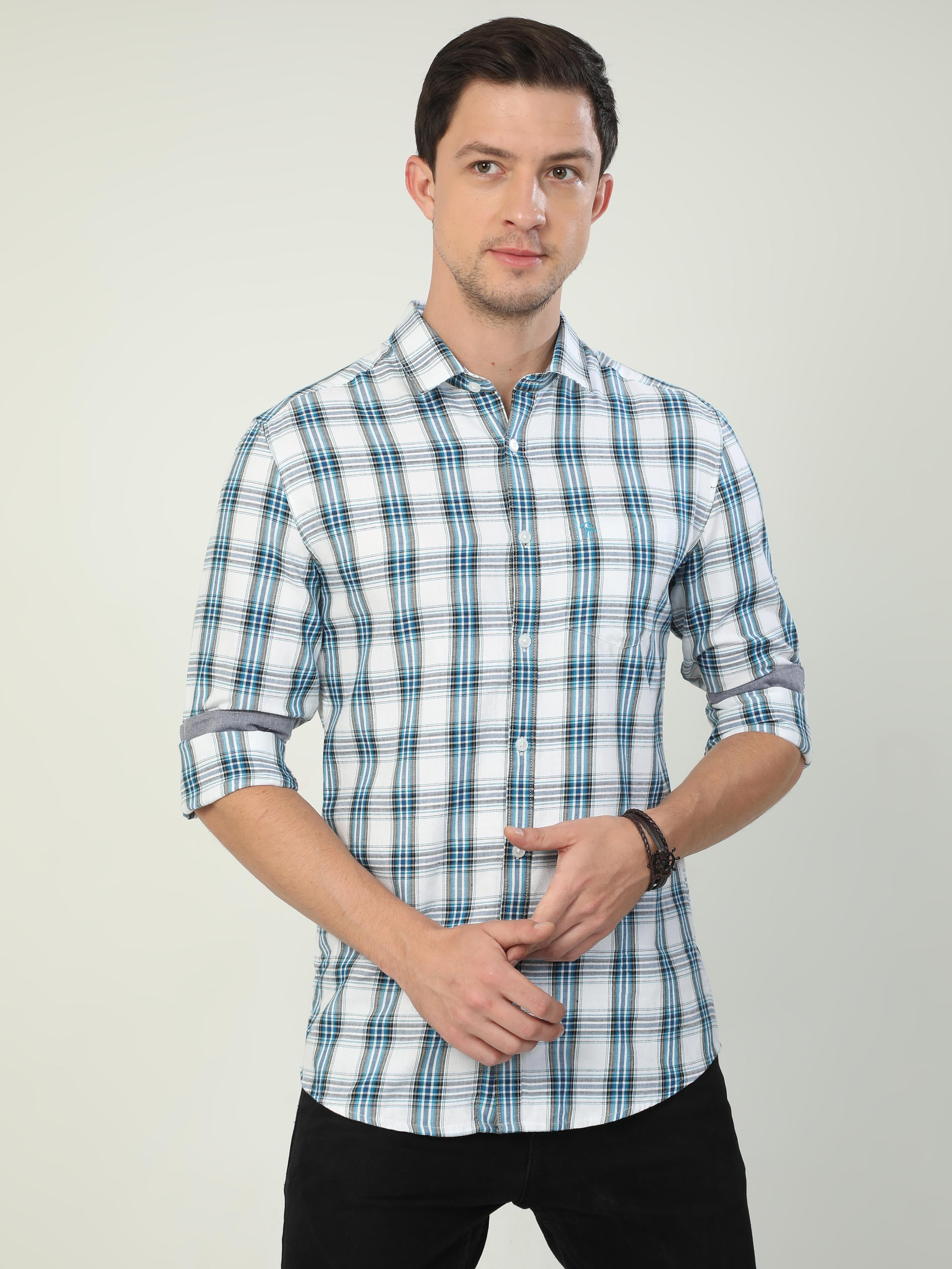 Classic Polo Men's Polo Neck Full Sleeve Slim Fit Cotton Woven Shirt | SBO2-12 B-FS-CHK-BSL