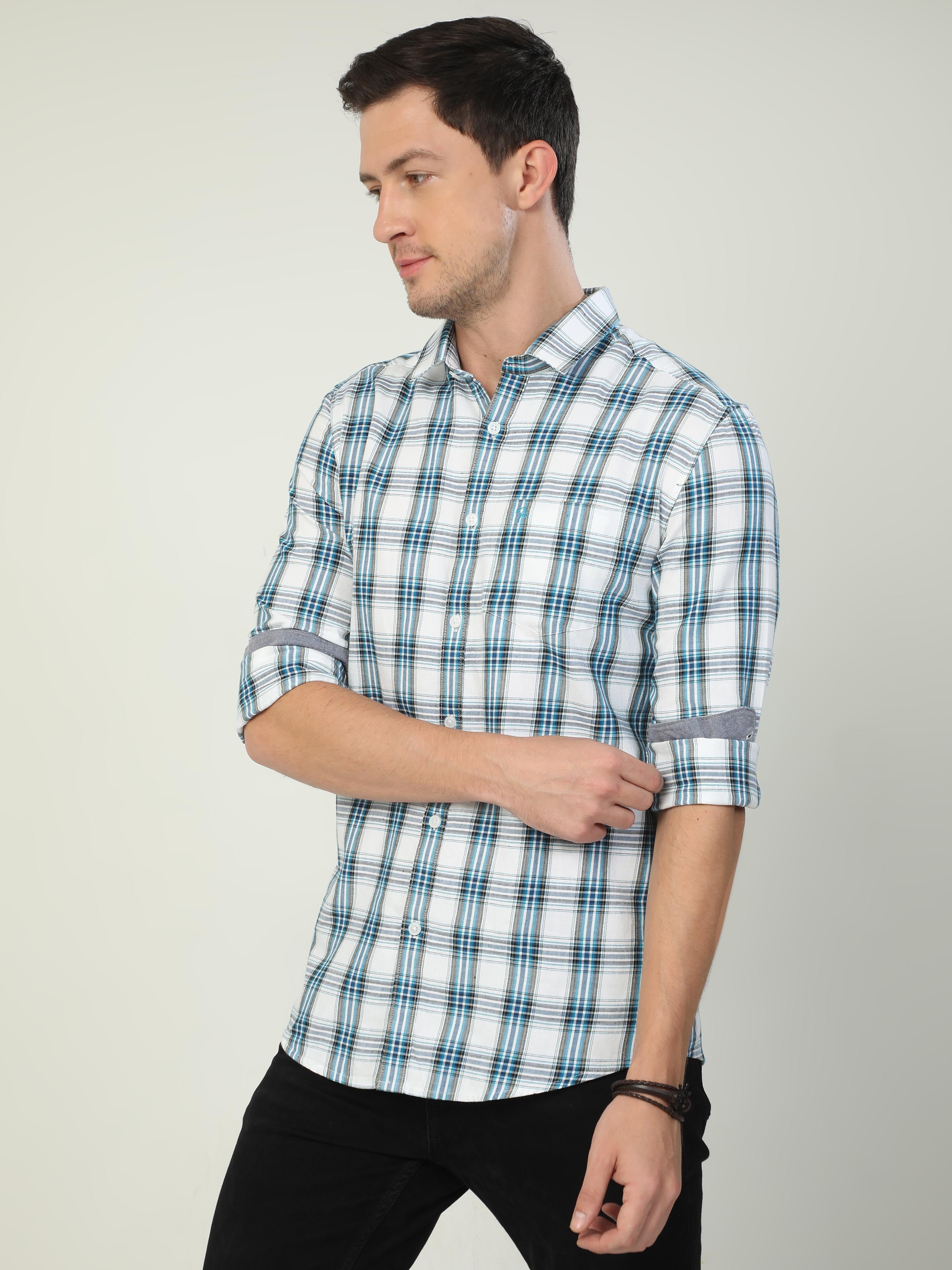 Classic Polo Men's Polo Neck Full Sleeve Slim Fit Cotton Woven Shirt | SBO2-12 B-FS-CHK-BSL
