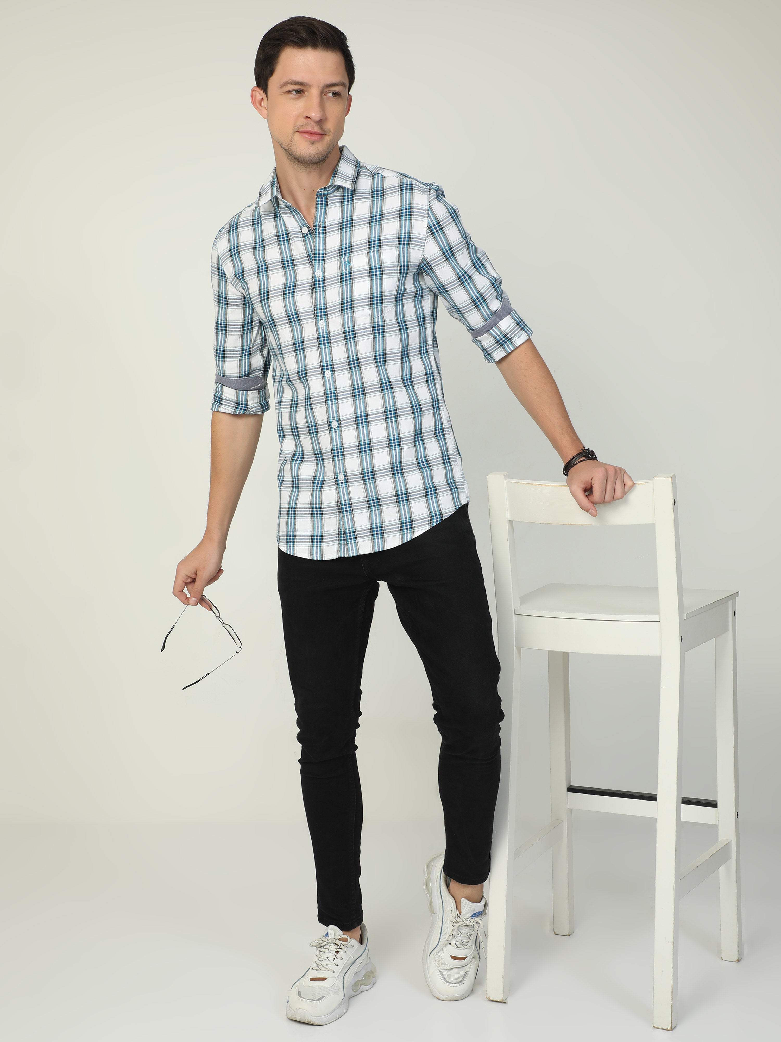 Classic Polo Men's Polo Neck Full Sleeve Slim Fit Cotton Woven Shirt | SBO2-12 B-FS-CHK-BSL