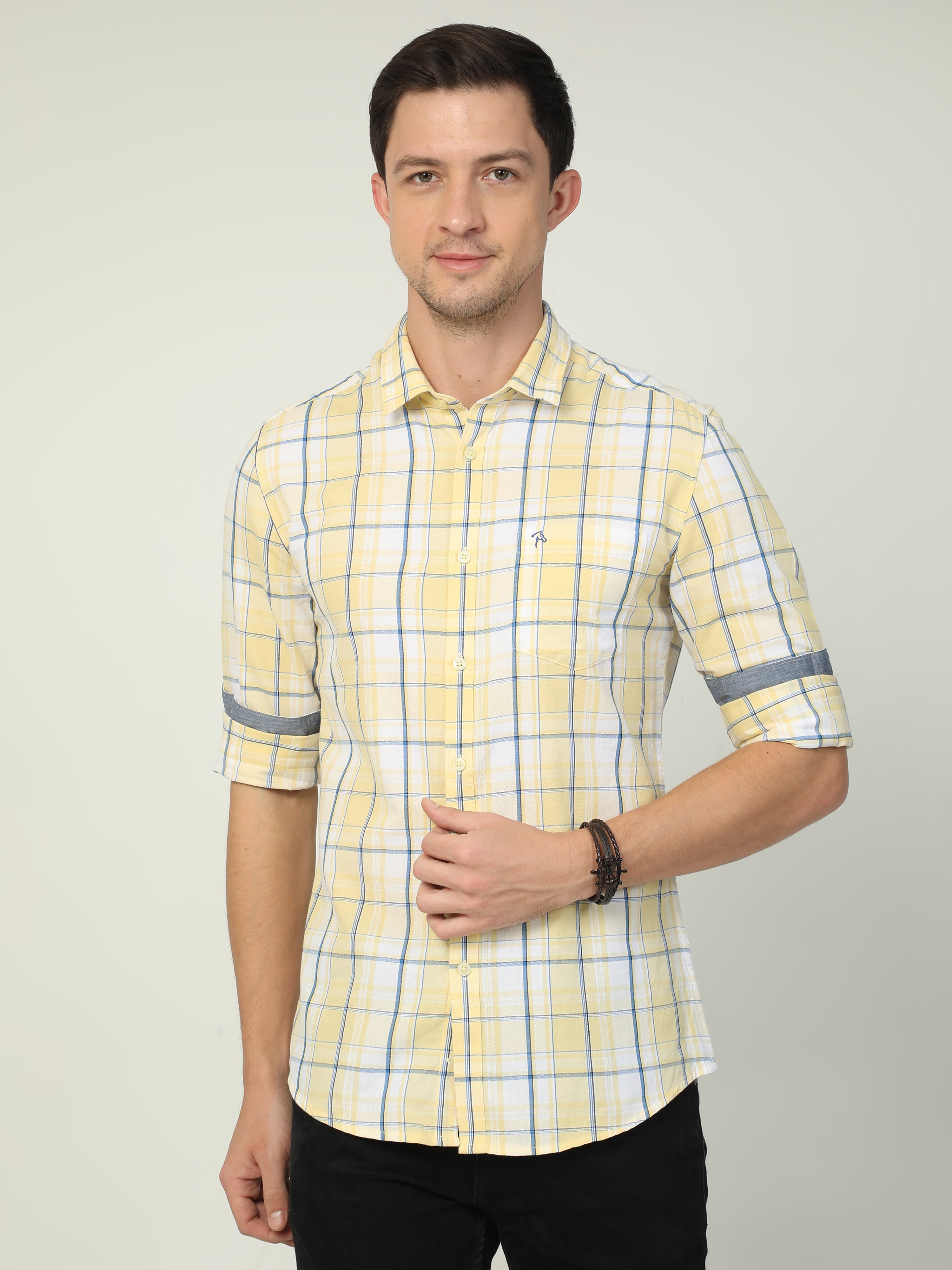 Classic Polo Men's Polo Neck Full Sleeve Slim Fit Cotton Woven Shirt | SBO2-67 B-FS-CHK-BSL