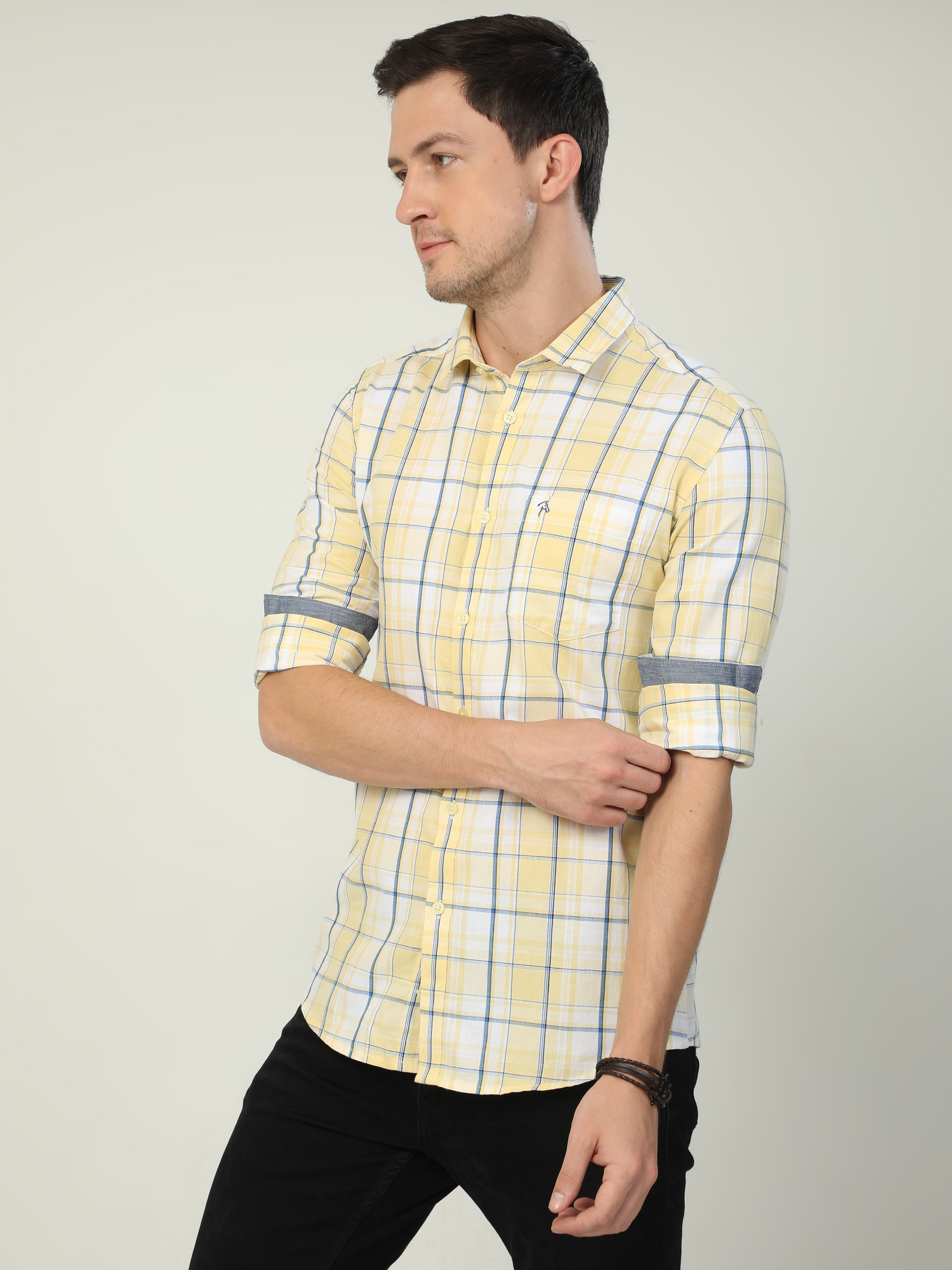Classic Polo Men's Polo Neck Full Sleeve Slim Fit Cotton Woven Shirt | SBO2-67 B-FS-CHK-BSL