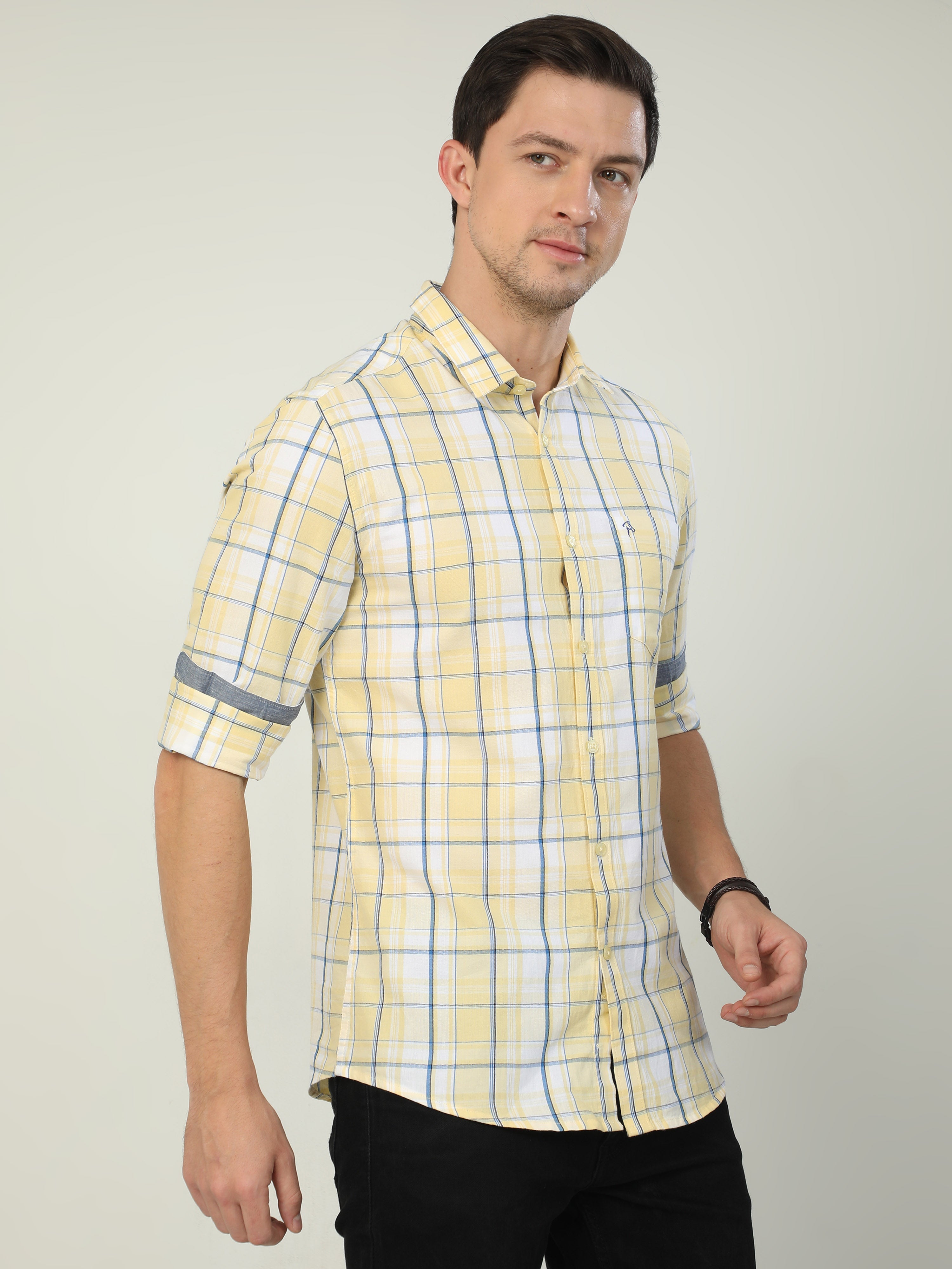 Classic Polo Men's Polo Neck Full Sleeve Slim Fit Cotton Woven Shirt | SBO2-67 B-FS-CHK-BSL