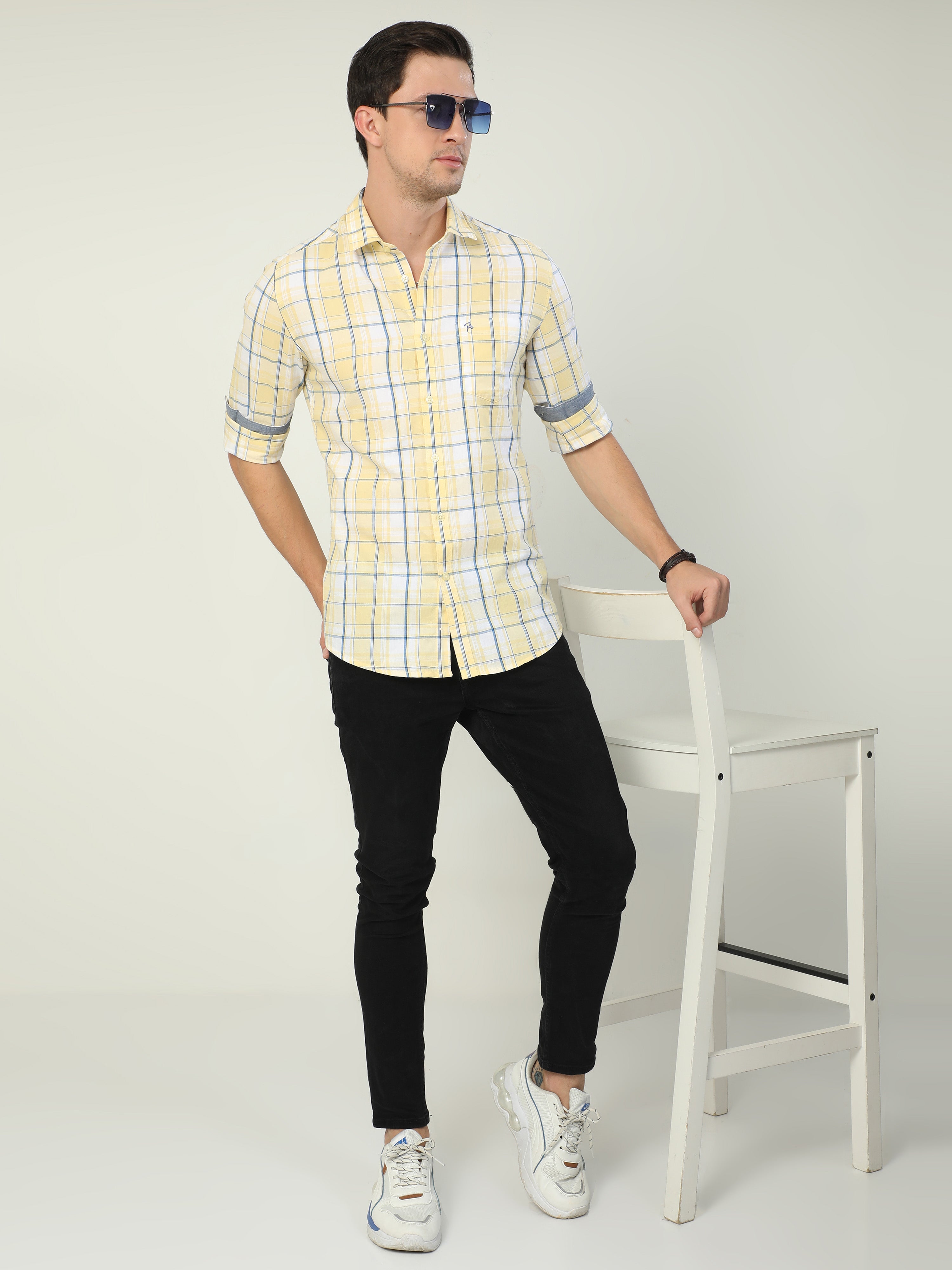 Classic Polo Men's Polo Neck Full Sleeve Slim Fit Cotton Woven Shirt | SBO2-67 B-FS-CHK-BSL