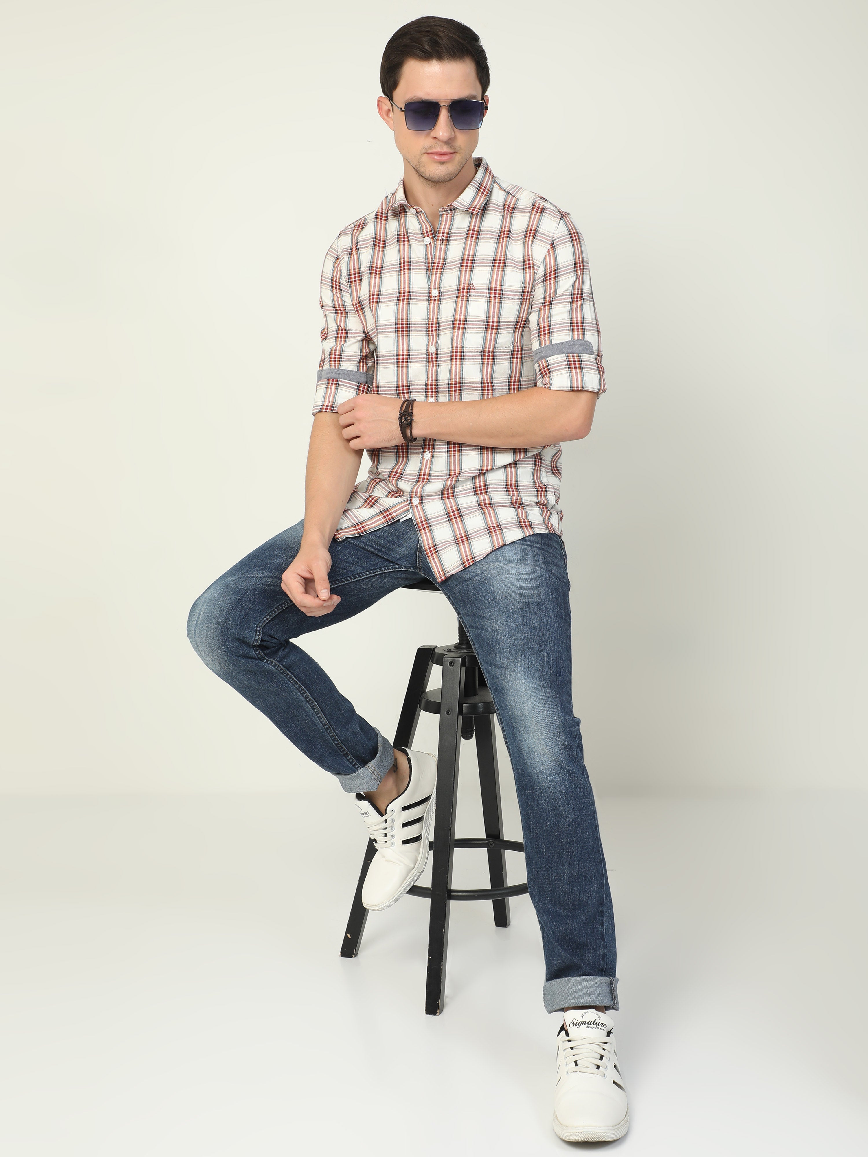 Classic Polo Men's Polo Neck Full Sleeve Slim Fit Cotton Woven Shirt | SBO2-12 A-FS-CHK-BSL