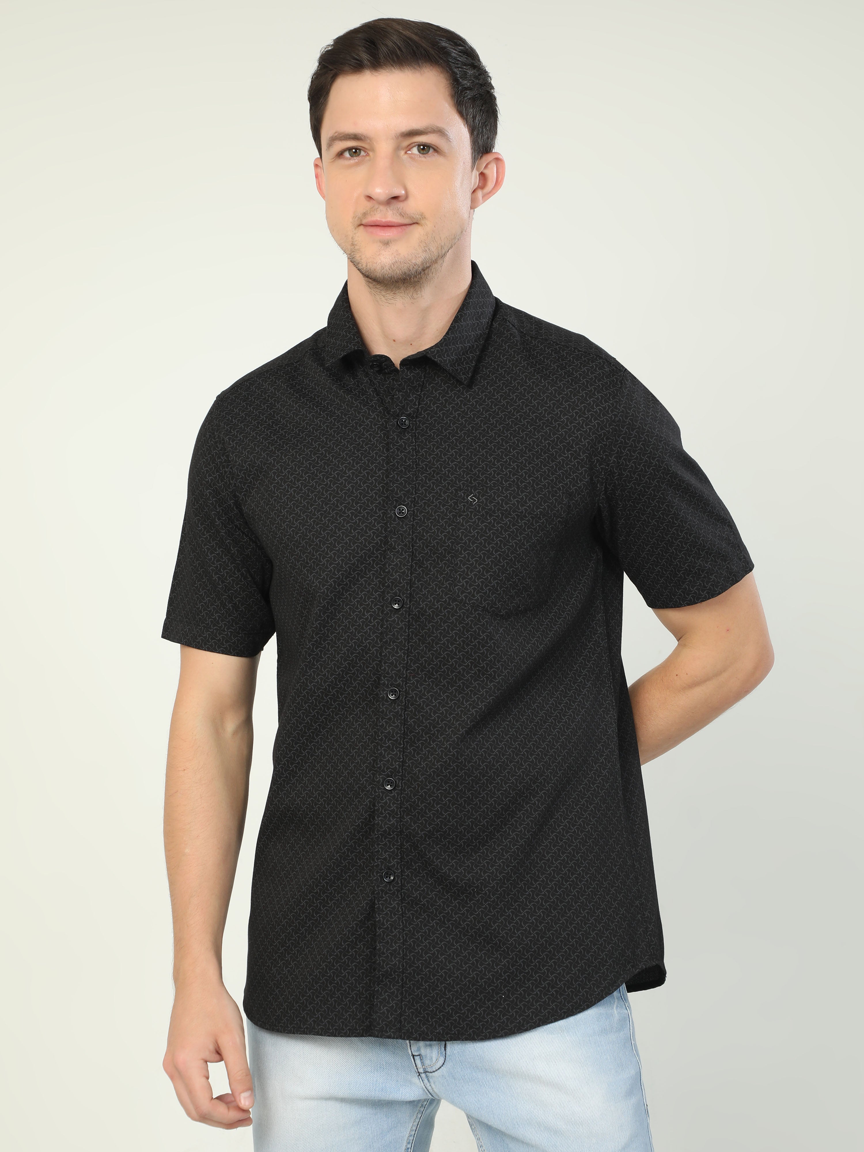 Classic Polo Men's Polo Neck Half Sleeve Slim Fit Cotton Woven Shirt | SO2-129 B-HS-PRT-SF
