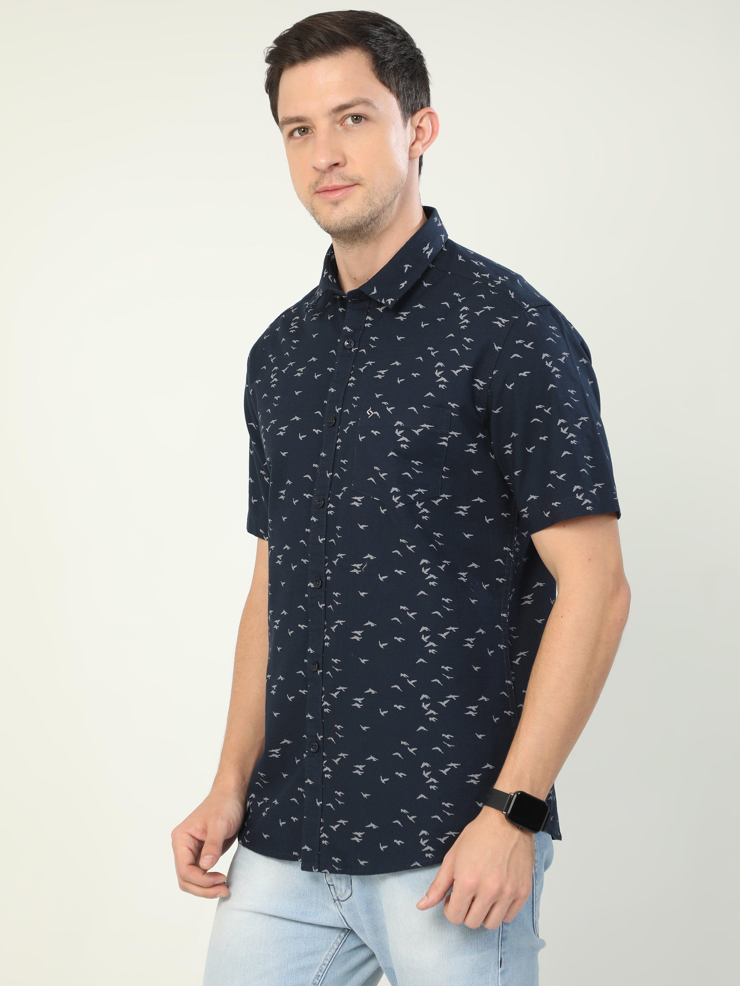 Classic Polo Men's Polo Neck Half Sleeve Slim Fit Cotton Woven Shirt | SO2-46 B-HS-PRT-SF
