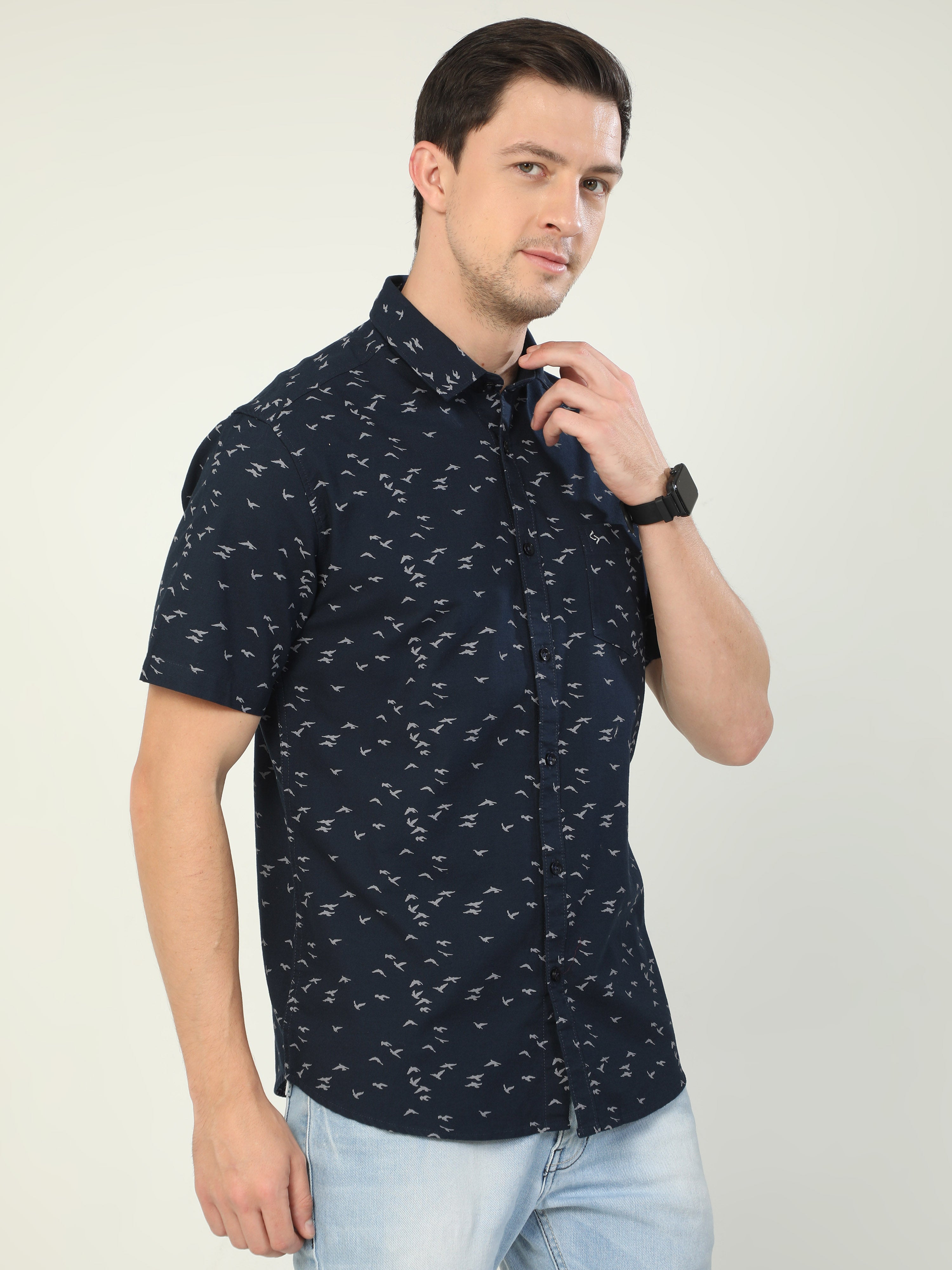 Classic Polo Men's Polo Neck Half Sleeve Slim Fit Cotton Woven Shirt | SO2-46 B-HS-PRT-SF