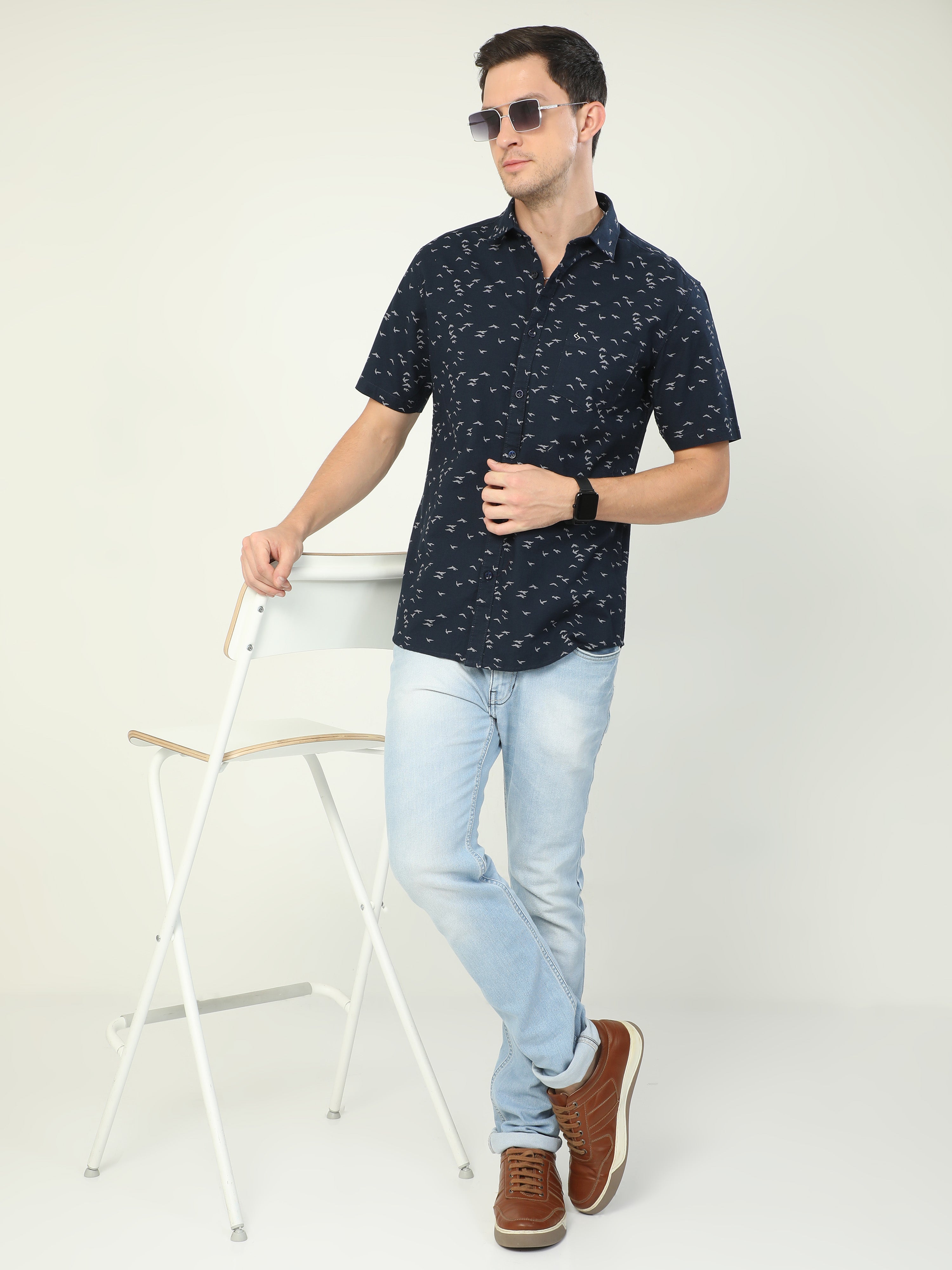 Classic Polo Men's Polo Neck Half Sleeve Slim Fit Cotton Woven Shirt | SO2-46 B-HS-PRT-SF