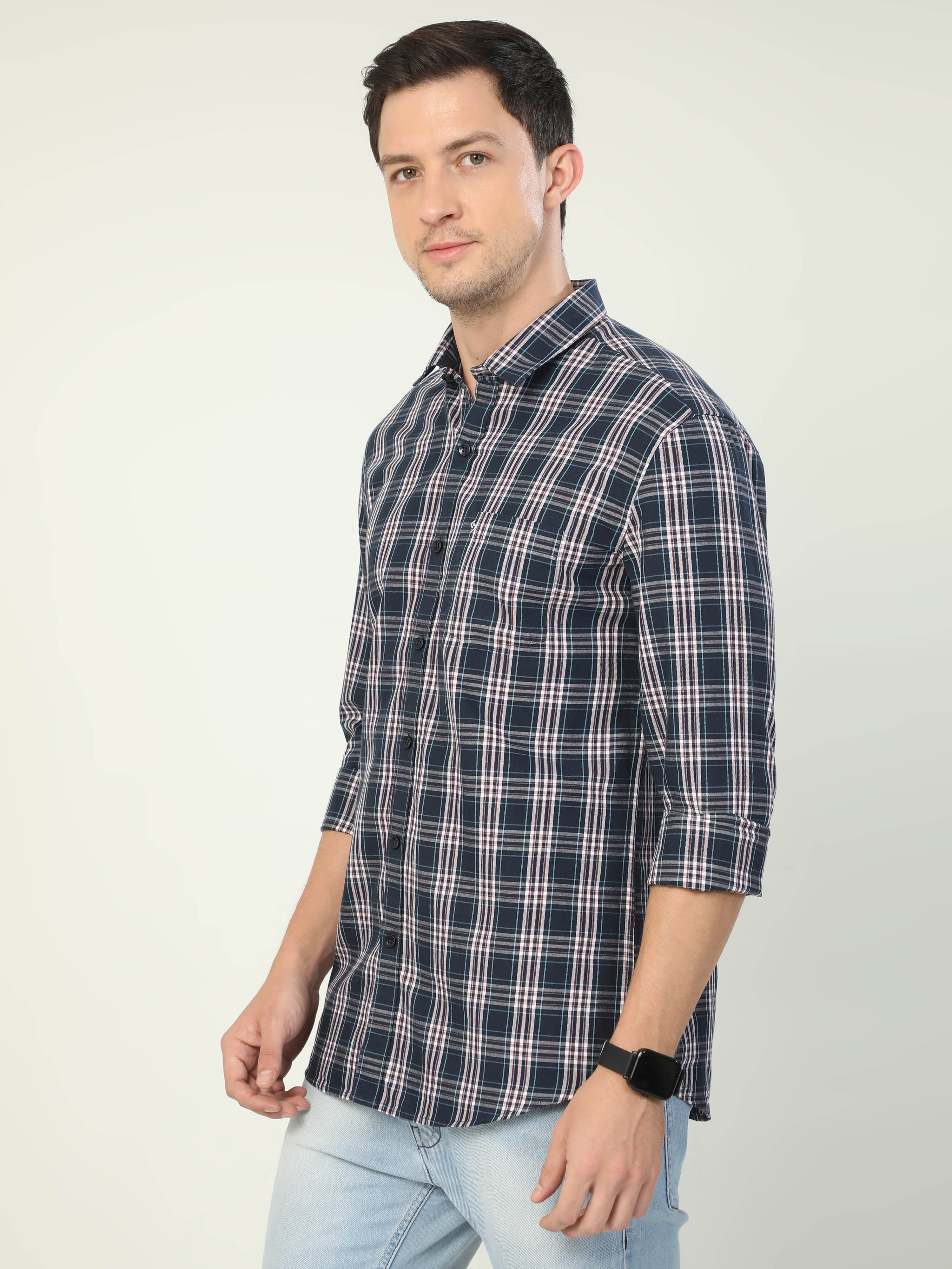 Classic Polo Men's Polo Neck Full Sleeve Slim Fit Cotton Woven Shirt | SO2-77 B-FS-CHK-SF