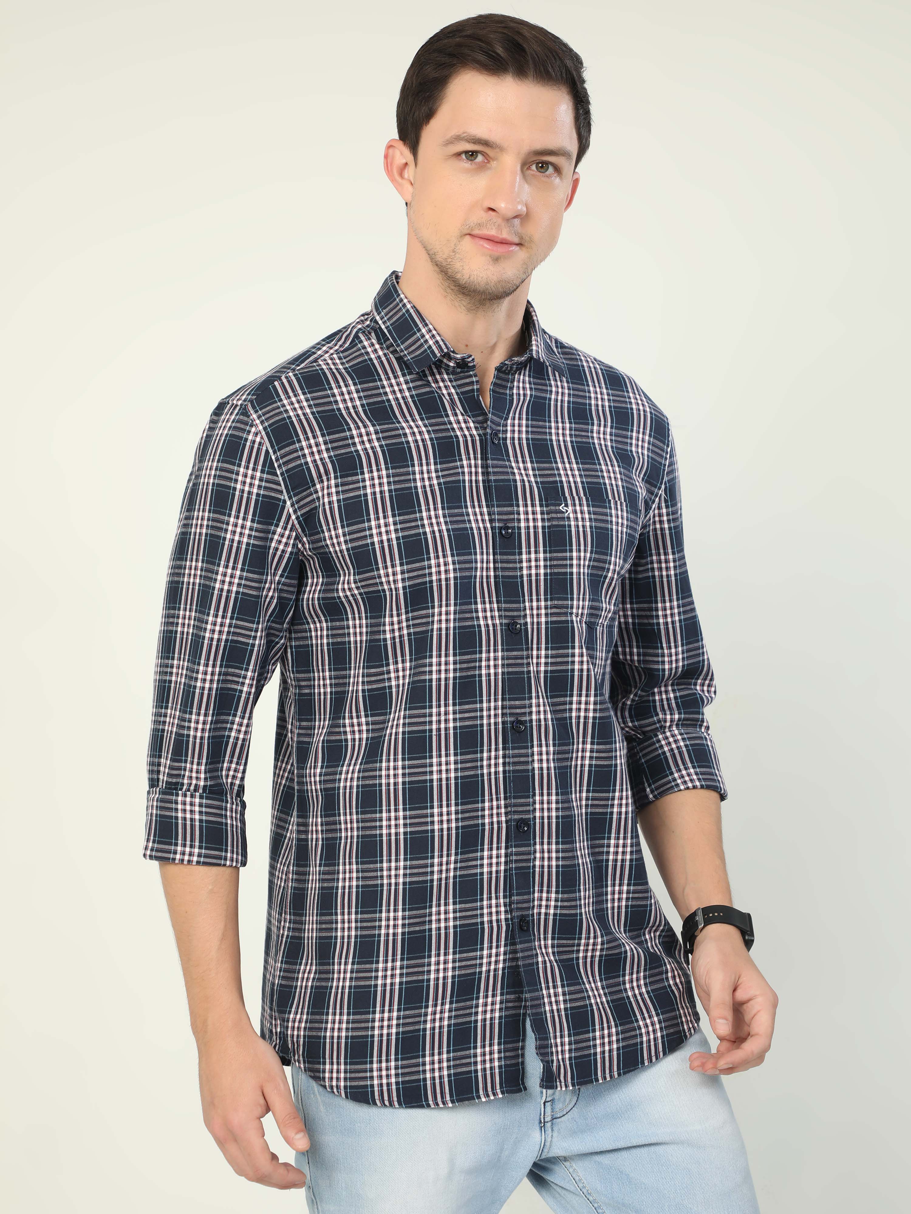 Classic Polo Men's Polo Neck Full Sleeve Slim Fit Cotton Woven Shirt | SO2-77 B-FS-CHK-SF