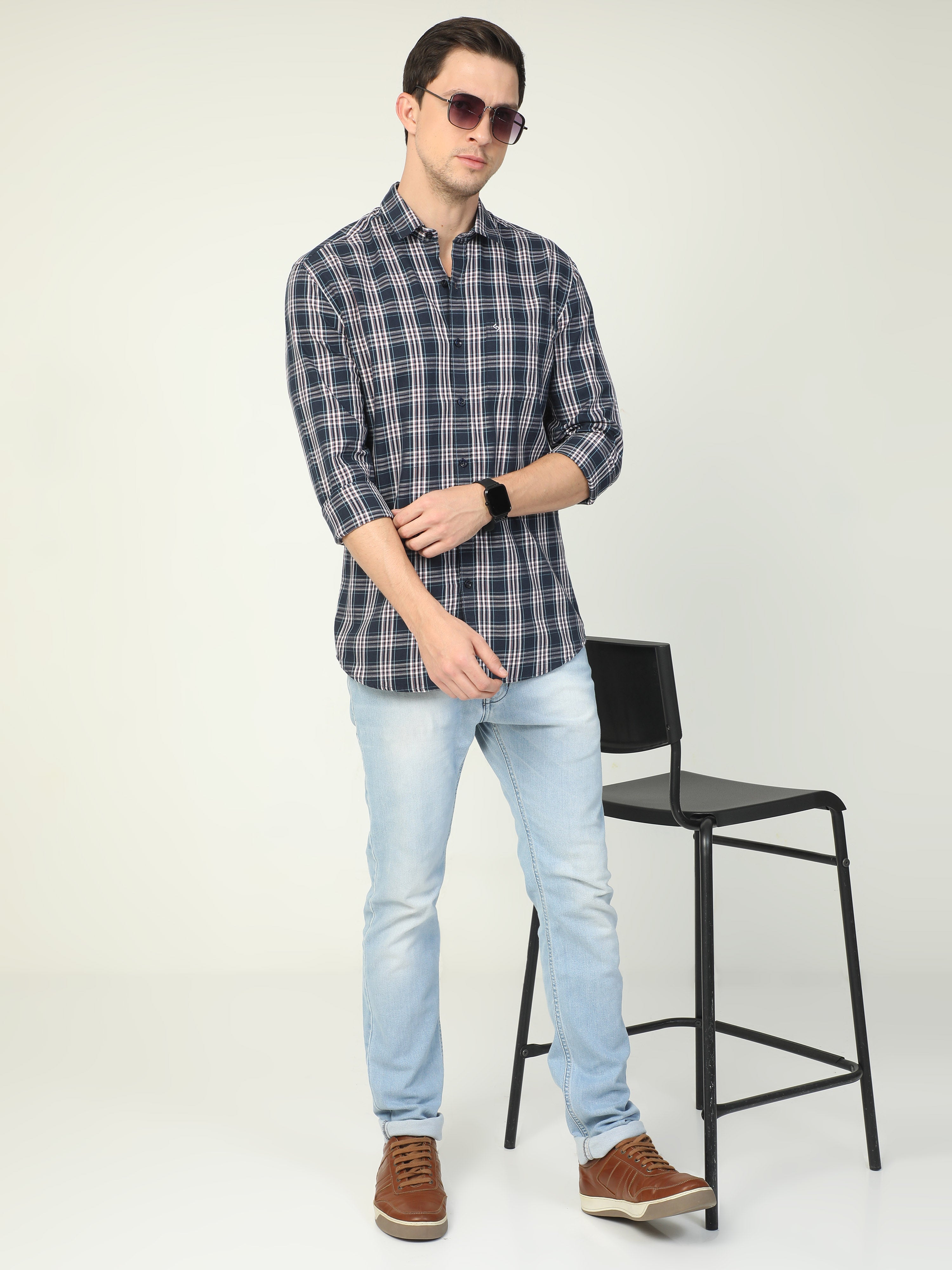 Classic Polo Men's Polo Neck Full Sleeve Slim Fit Cotton Woven Shirt | SO2-77 B-FS-CHK-SF