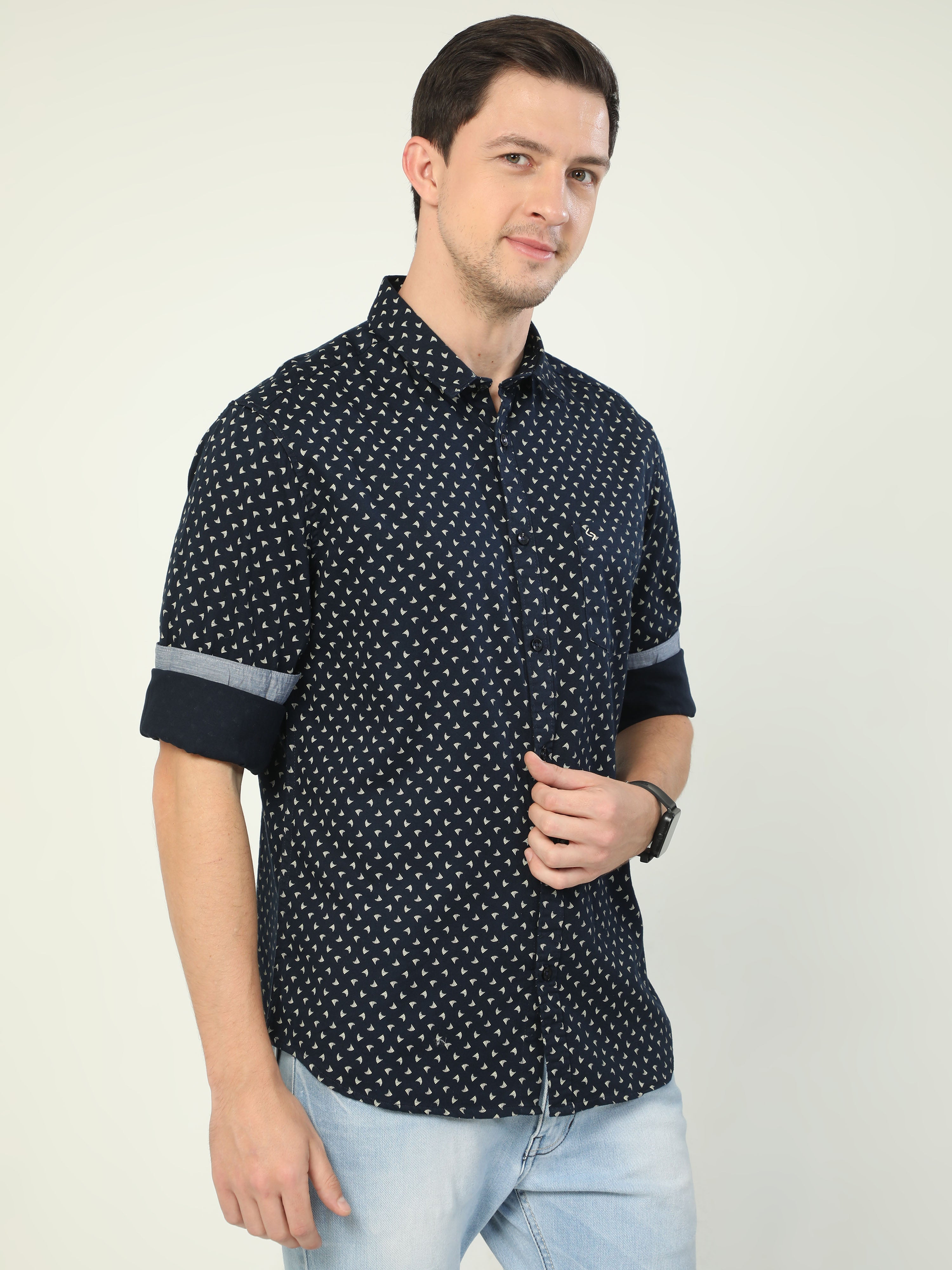 Classic Polo Men's Polo Neck Full Sleeve Slim Fit Cotton Woven Shirt | SO2-44 B-FS-PRT-SF
