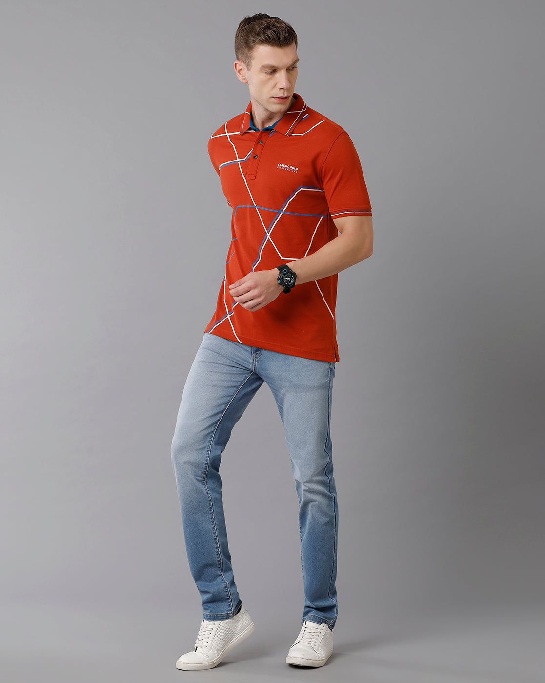 Classic Polo Men's Cotton Printed Half Sleeve Slim Fit Polo Neck Red Color T-Shirt | HS-PRM - 01 B