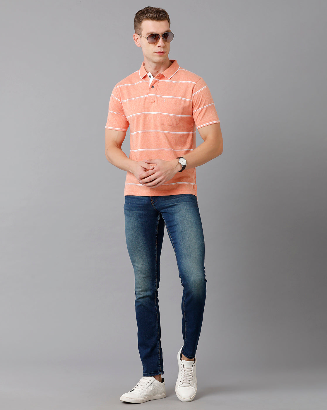 Classic Polo Men's Cotton Blend Striped Authentic Fit Peach T-Shirt | Mel - 211 A