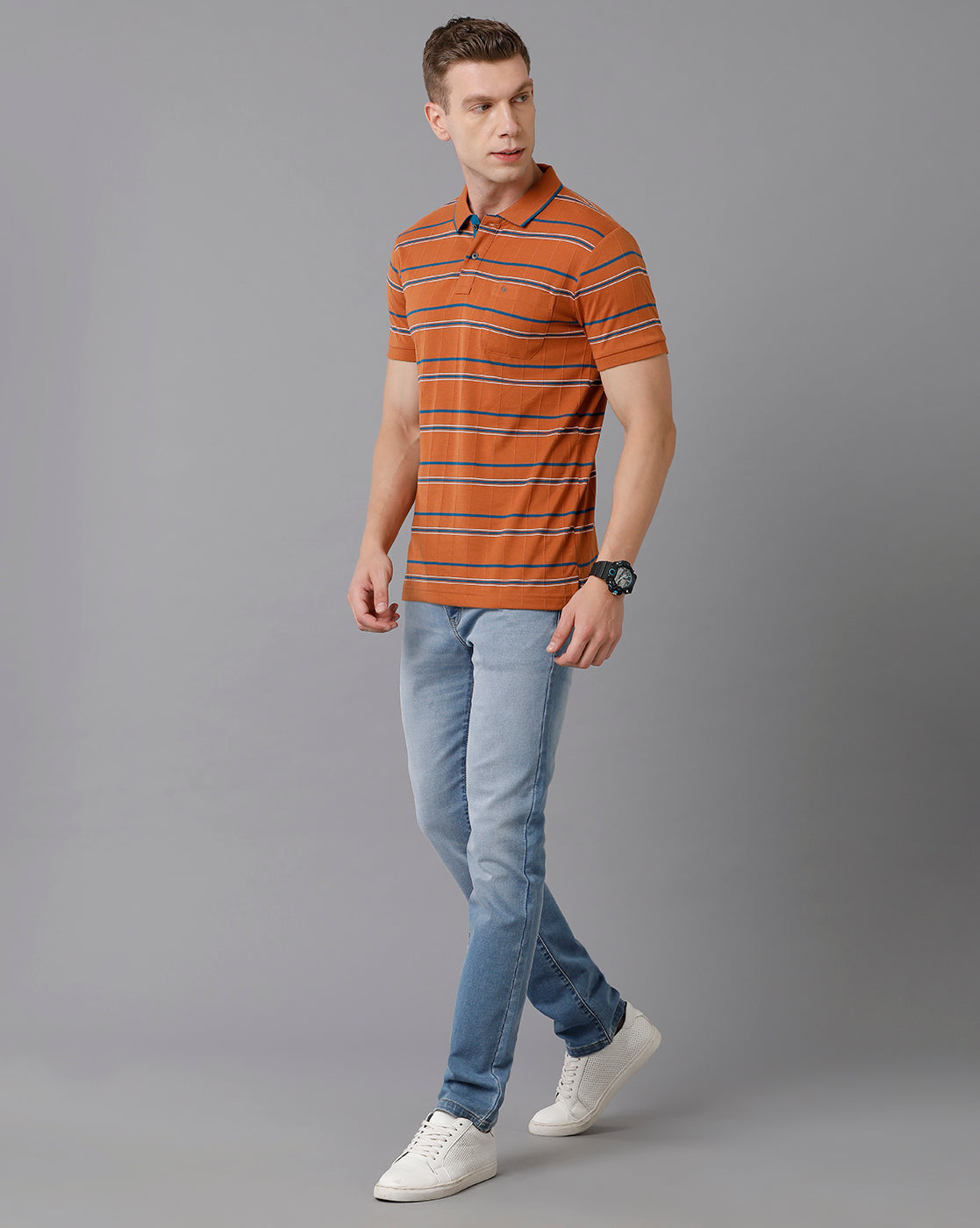Classic Polo Men's Cotton Striped Half Sleeve Slim Fit Polo Neck Orange Color T-Shirt | HS-TRS - 01 A