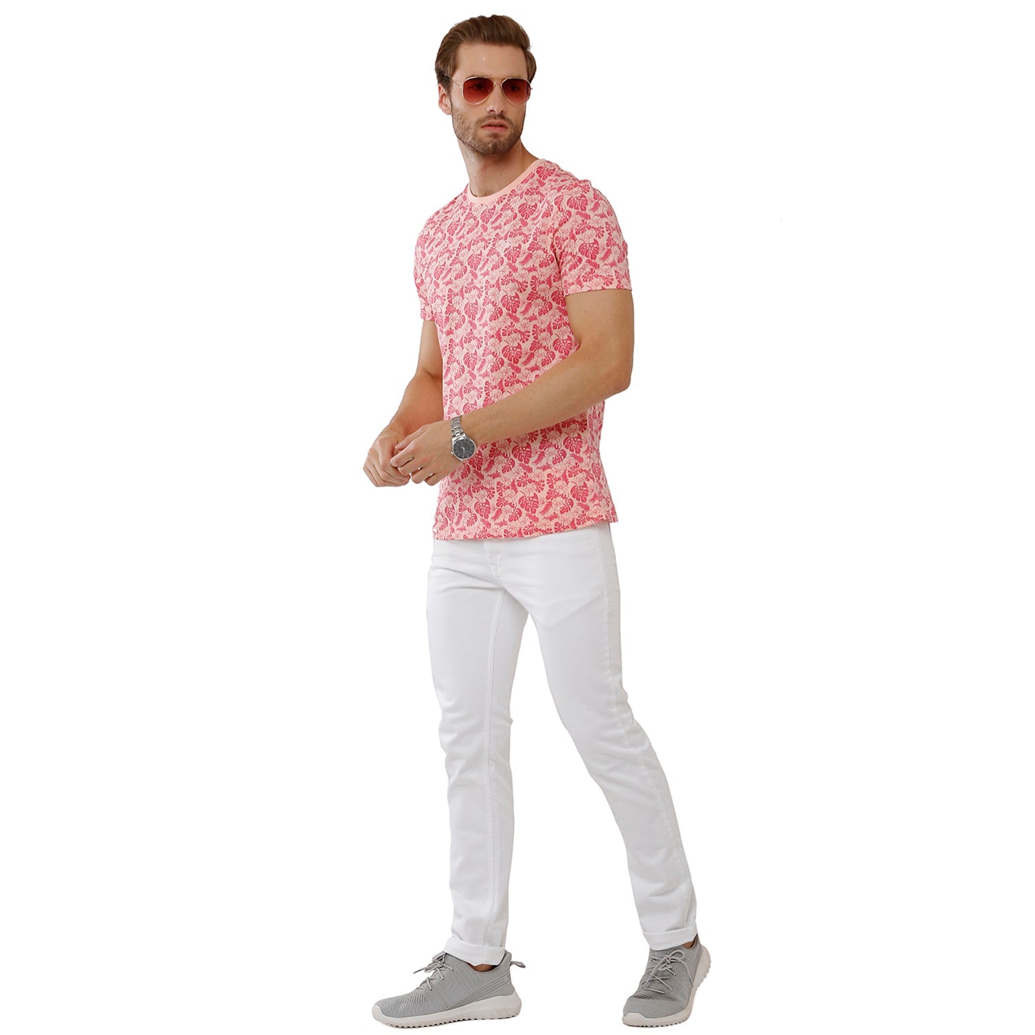 Classic Polo Bro Mens 100% Cotton Printed Half Sleeve Slim Fit Crew Neck Pink Color T-Shirt (BRCN - 475 A SF C) Classic Polo 