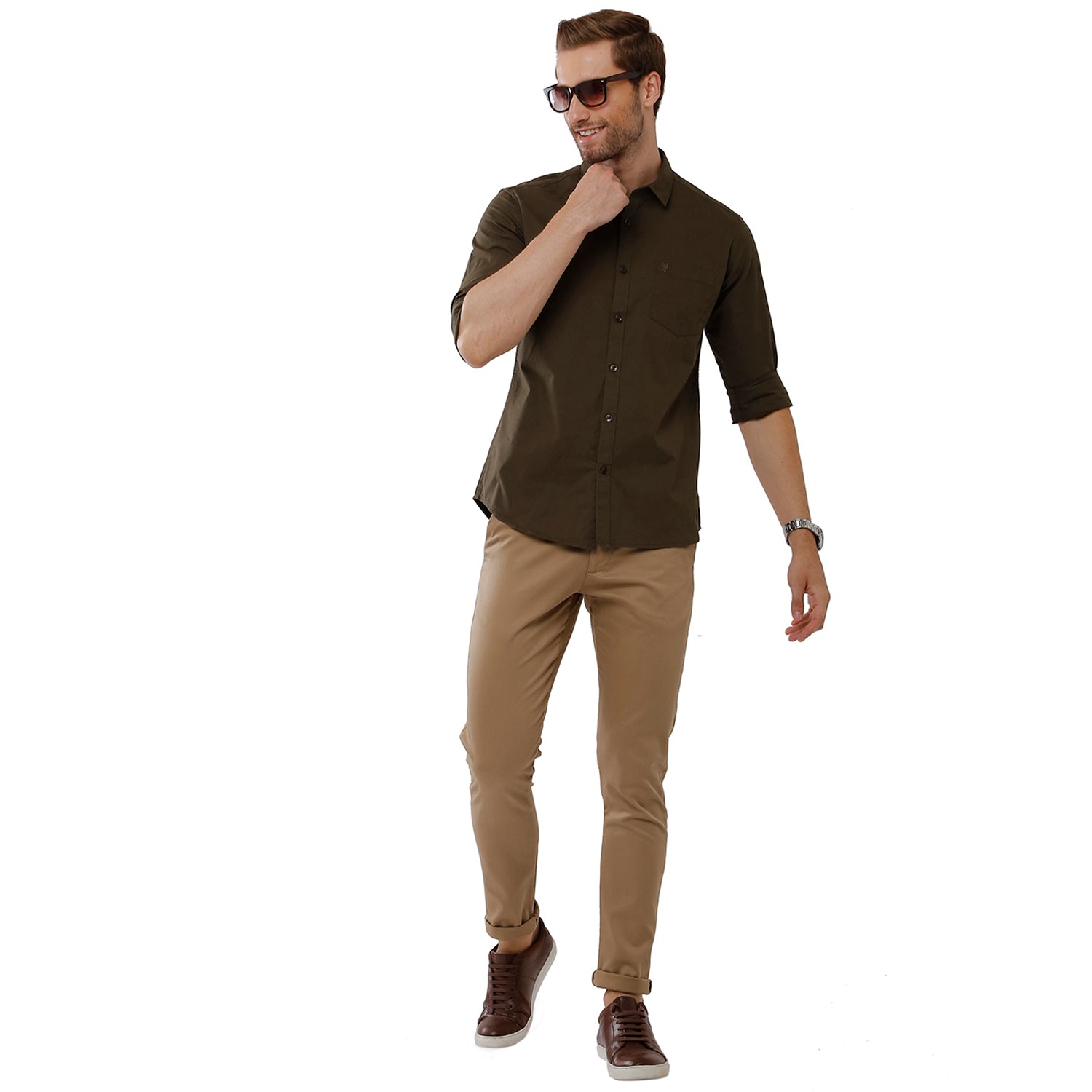 Classic Polo Mens 100% Cotton Full Sleeve Solid Slim Fit Green Color Woven Shirt -SN1 115 F Shirts Classic Polo 