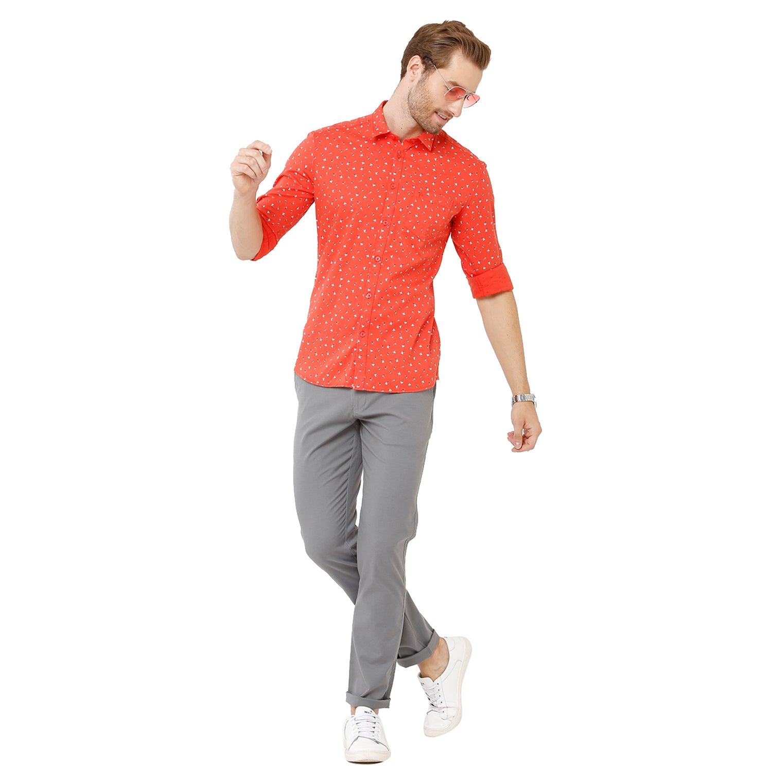 Classic Polo Bro Mens 100% Cotton Printed Full Sleeve Slim Fit Polo Neck Orange Color Woven Shirt (SBN1-72 A-FS-PRT-BSL) Classic Polo 