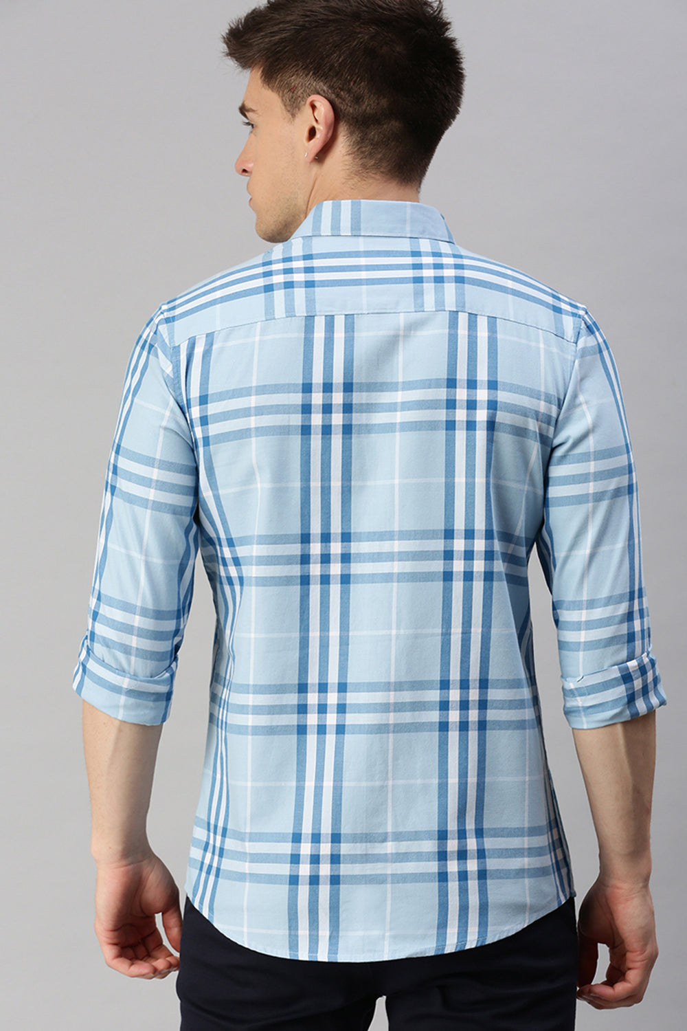 CP BRO Men's Cotton Full Sleeve Checked Slim Fit Collar Neck Light Blue Color Woven Shirt | Sbo1-28 B
