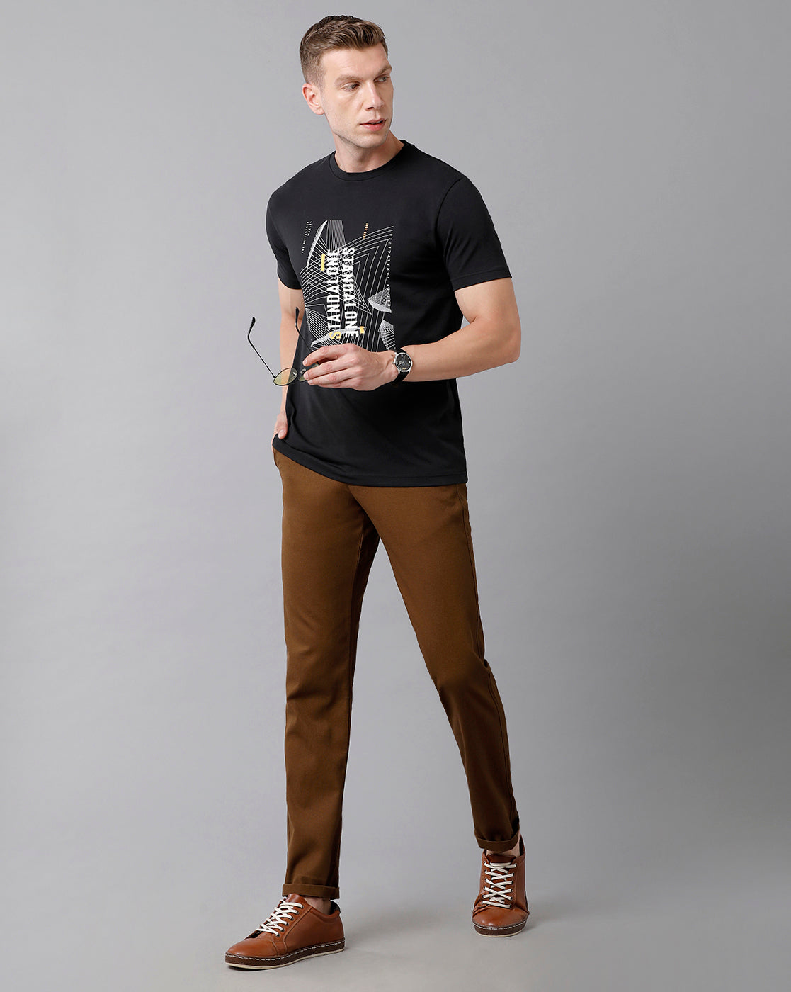 Classic Polo Men's Cotton Printed Half Sleeve Slim Fit Round Neck Black Color T-Shirt | Baleno - 487