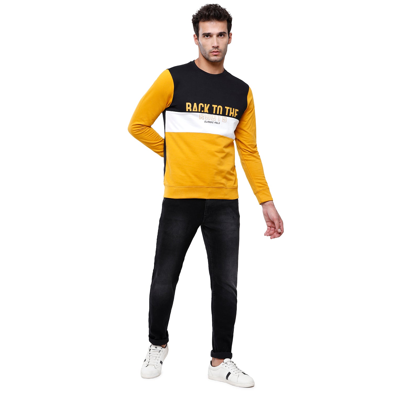 Classic Polo Men's Color Block Full Sleeve Navy & Yellow Sweat Shirt - CPSS-314 B Sweat Shirts Classic Polo 